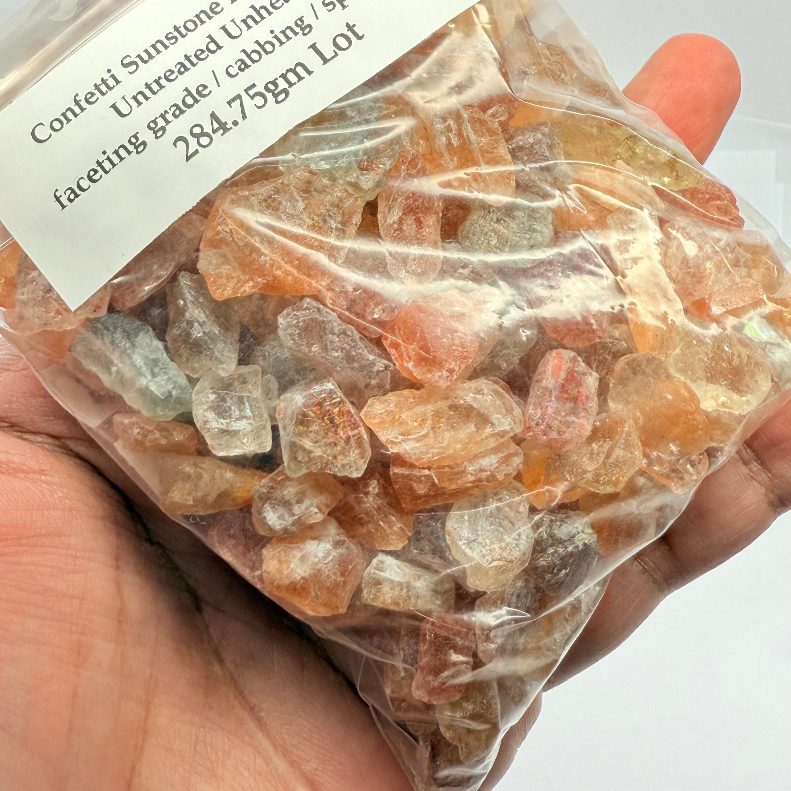 Confetti Sunstone Lot, Tanzania, Untreated Unheated, faceting grade / cabbing / specimen, 284.75gm Lot
