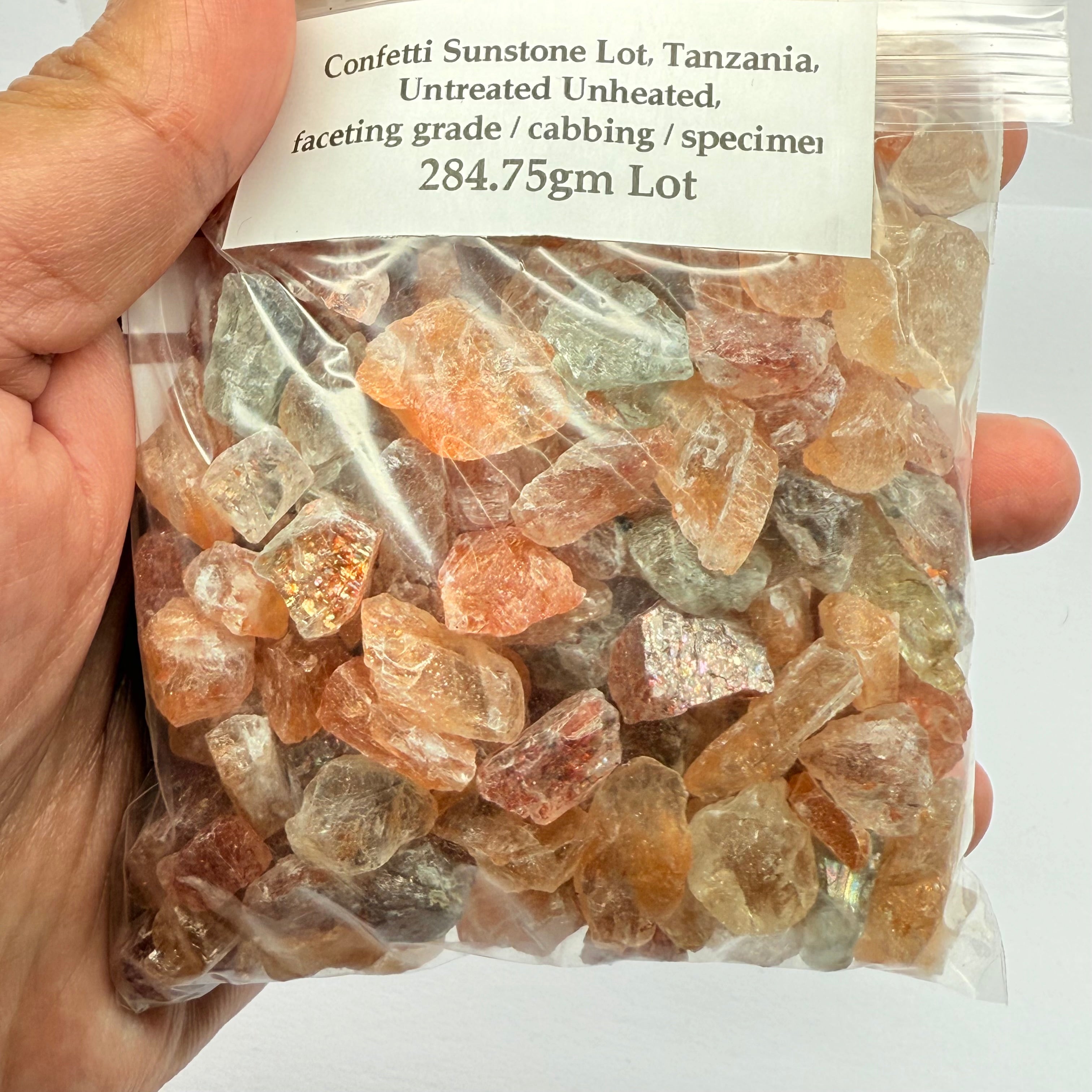 Confetti Sunstone Lot, Tanzania, Untreated Unheated, faceting grade / cabbing / specimen, 284.75gm Lot