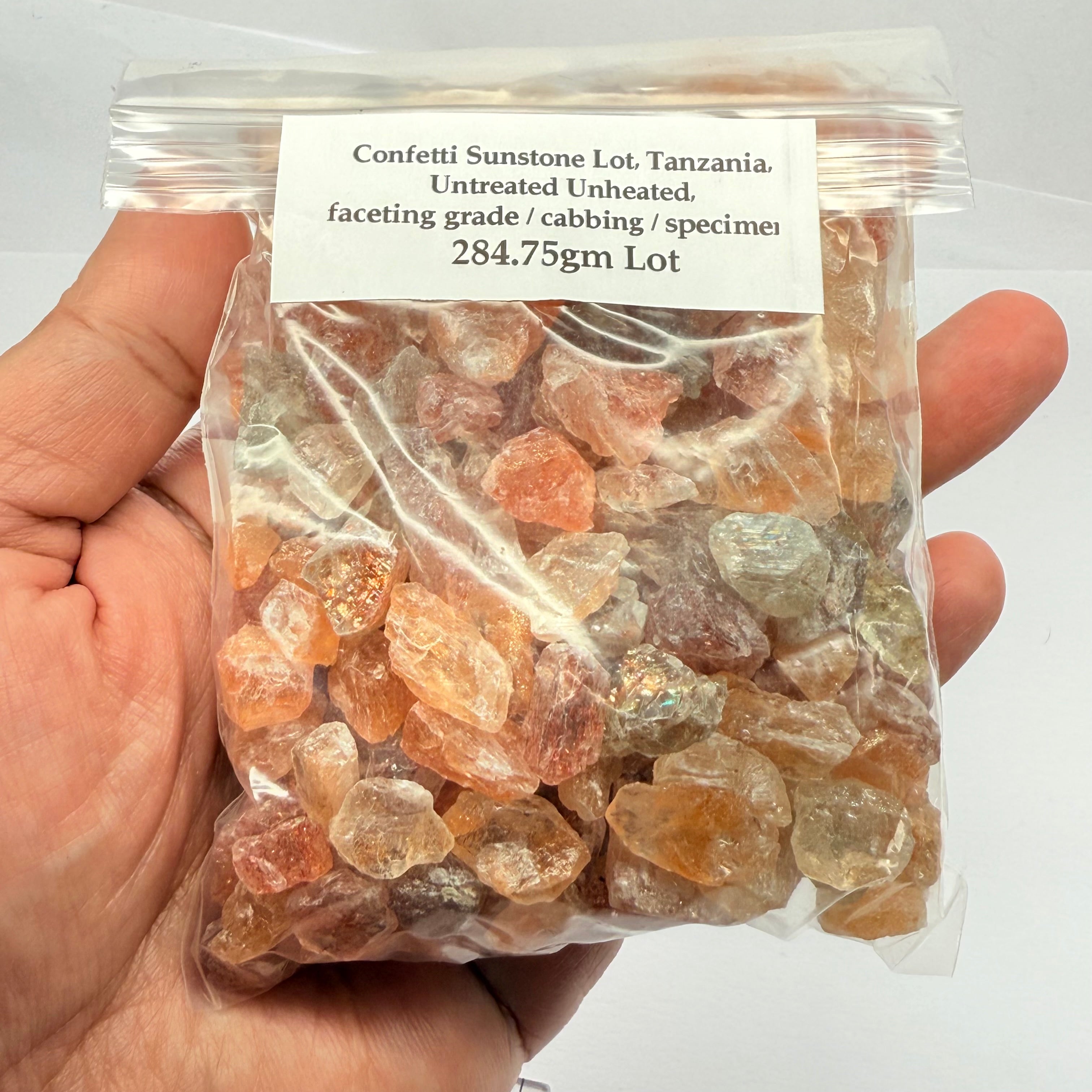 Confetti Sunstone Lot, Tanzania, Untreated Unheated, faceting grade / cabbing / specimen, 284.75gm Lot