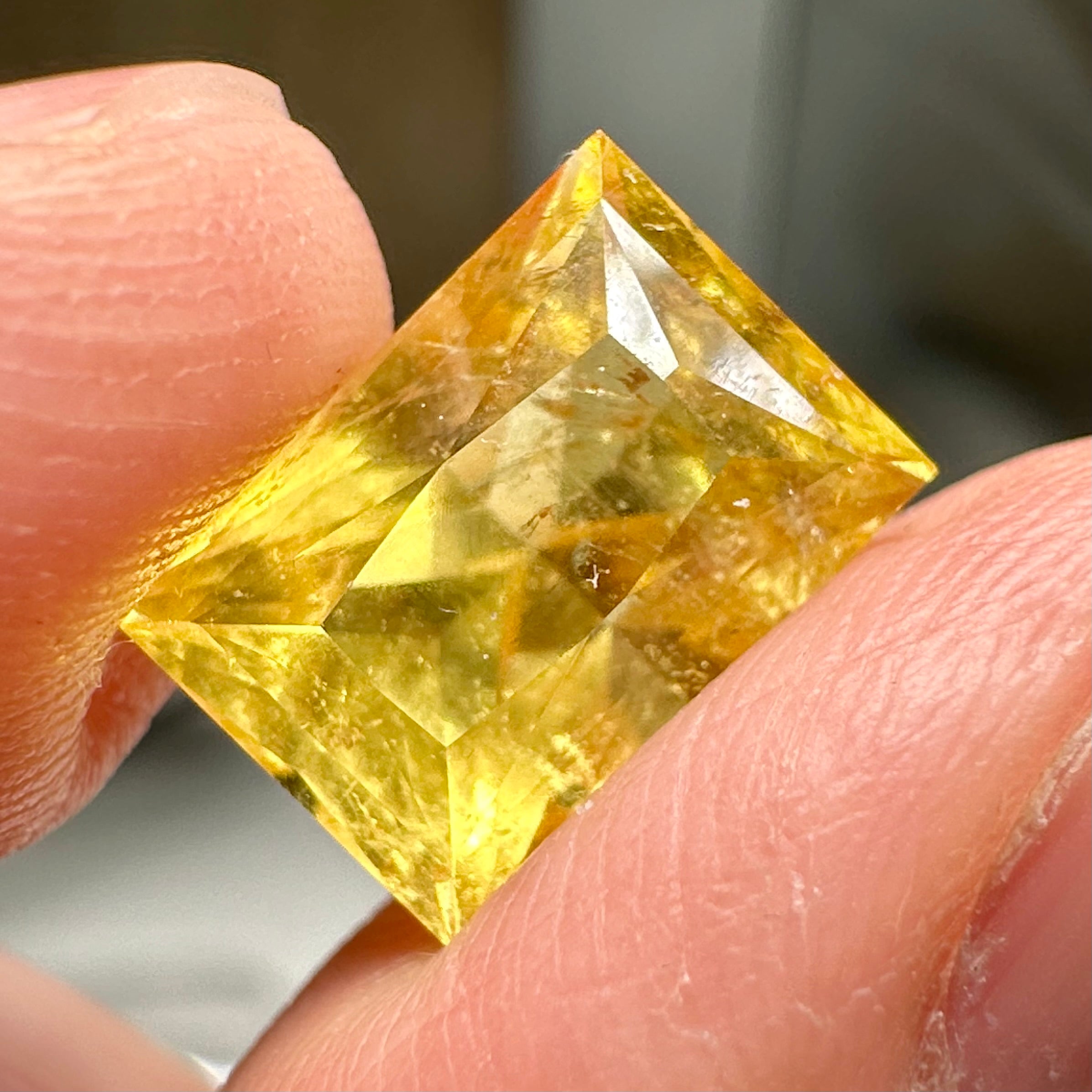 Vivid Intense Yellow Golden Danburite, 8.035ct, Tanzania, Untreated Unheated. Slightly included. Super rare. High brilliance and vivid. Precision Cut. 12.8 x 9 x 8.8mm