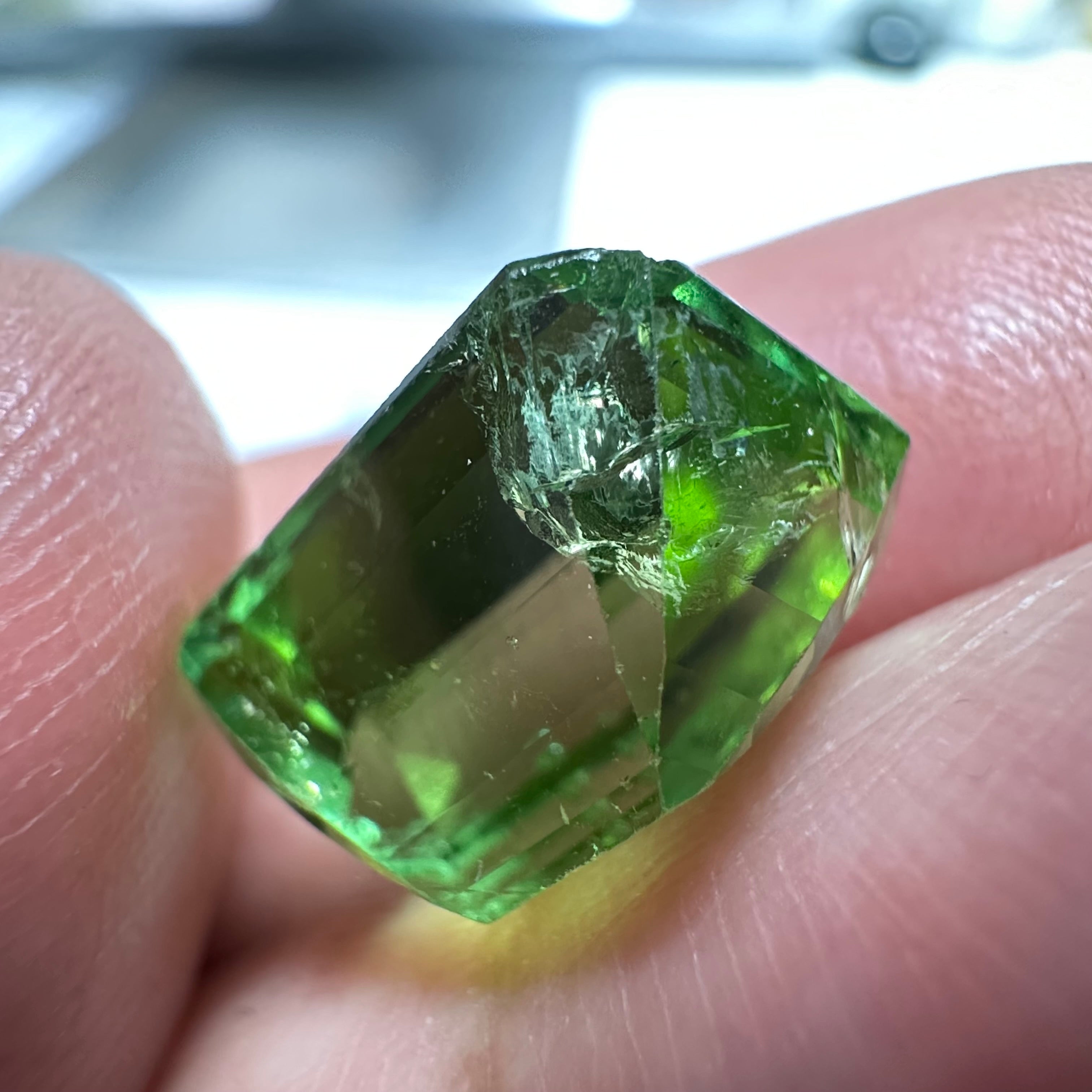 Mozambique Tourmaline, 7.18ct,  Unheated Untreated. Salvaged from an old stock of Mozambique unheated Tourmalines that had been put aside, there is a good portion, needs a recut, treat as a pre-shape for faceting, BUT LOOK AT THAT COLOUR