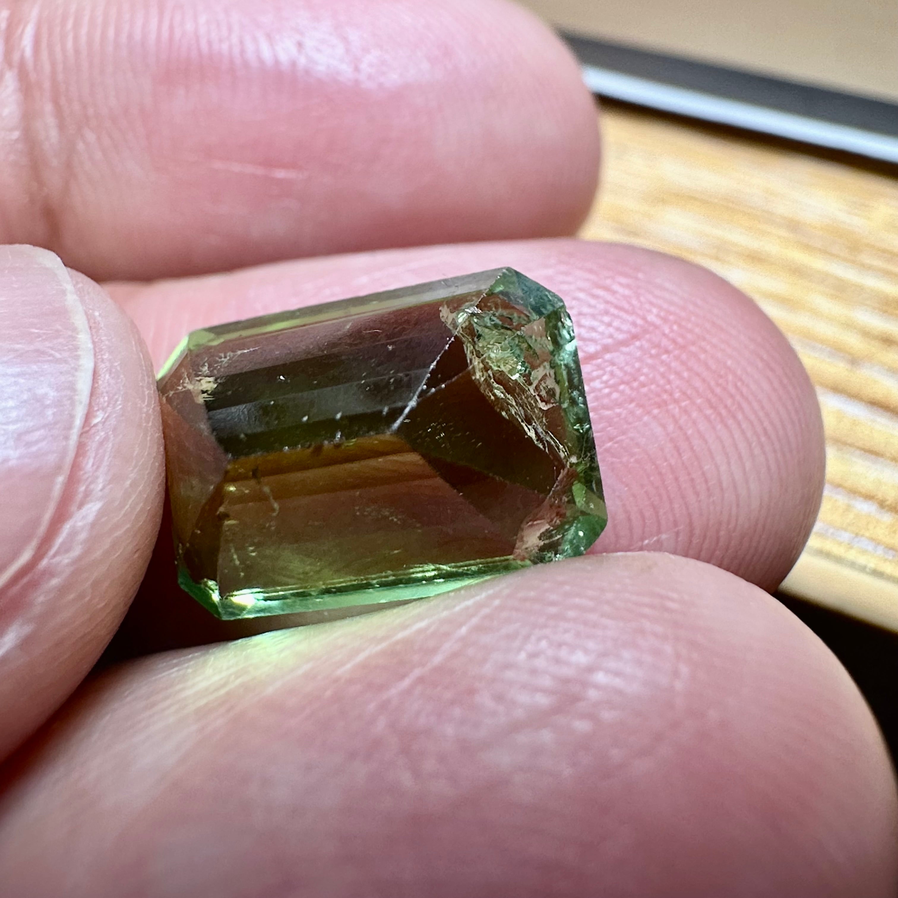 Mozambique Tourmaline, 7.18ct,  Unheated Untreated. Salvaged from an old stock of Mozambique unheated Tourmalines that had been put aside, there is a good portion, needs a recut, treat as a pre-shape for faceting, BUT LOOK AT THAT COLOUR