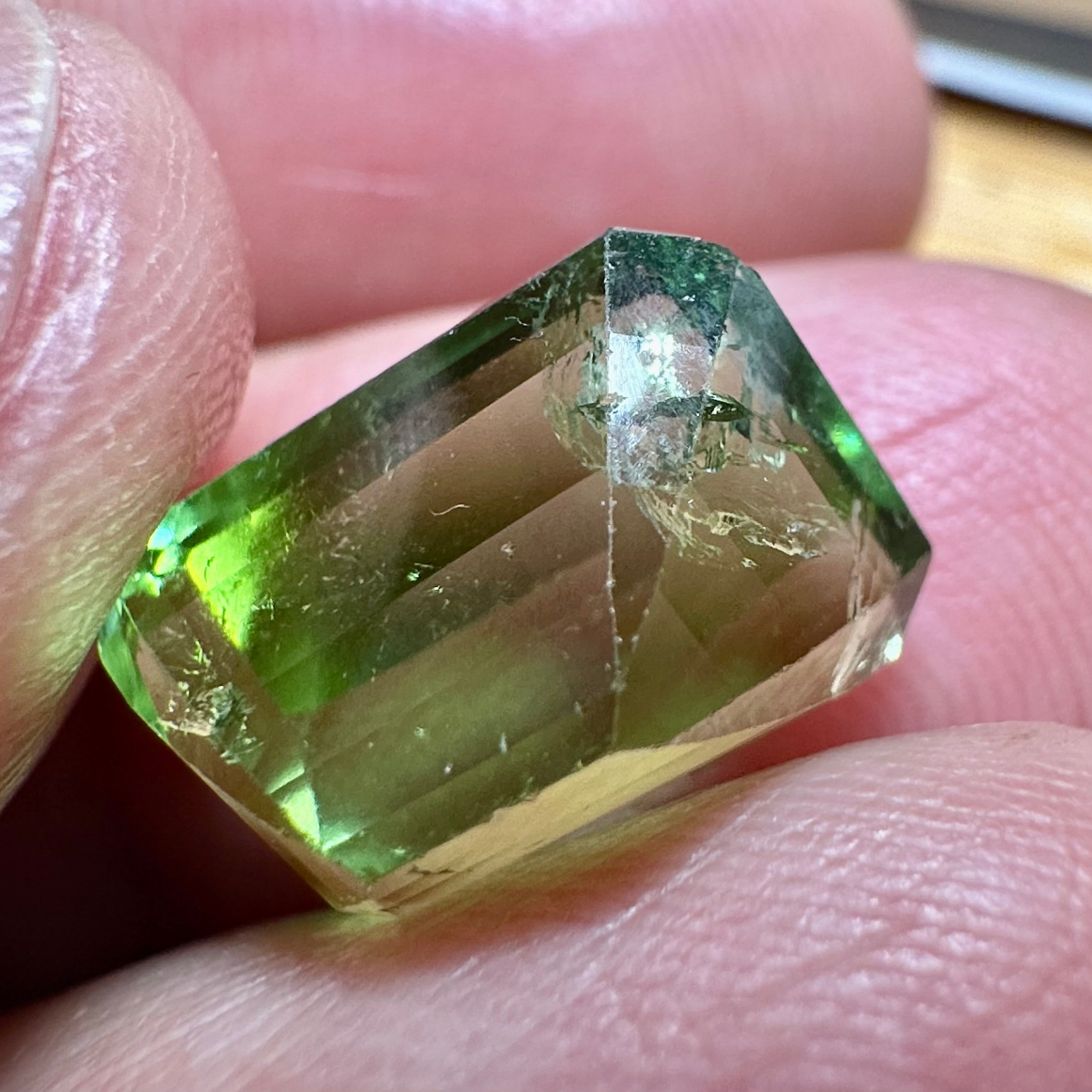 Mozambique Tourmaline, 7.18ct,  Unheated Untreated. Salvaged from an old stock of Mozambique unheated Tourmalines that had been put aside, there is a good portion, needs a recut, treat as a pre-shape for faceting, BUT LOOK AT THAT COLOUR