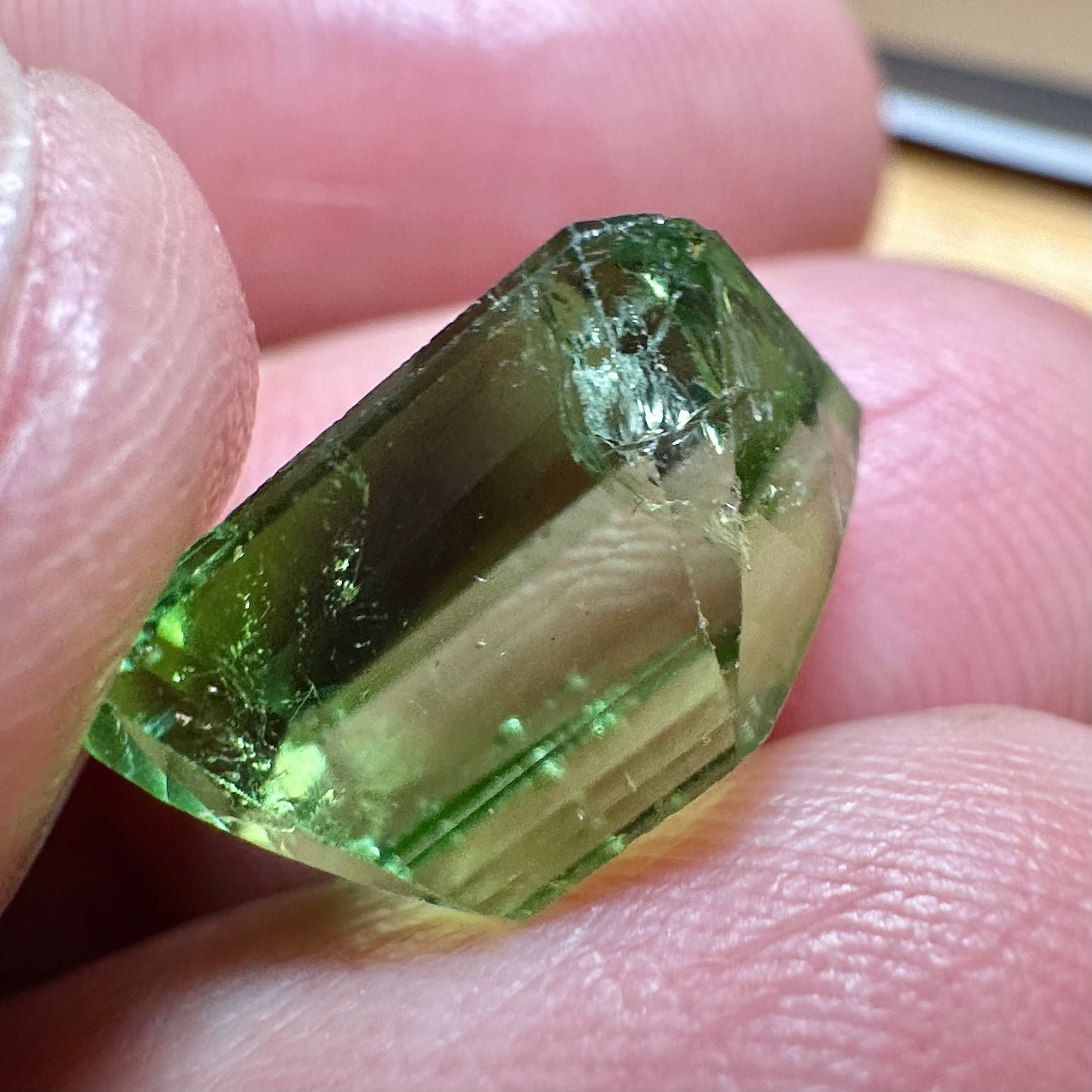 Mozambique Tourmaline, 7.18ct,  Unheated Untreated. Salvaged from an old stock of Mozambique unheated Tourmalines that had been put aside, there is a good portion, needs a recut, treat as a pre-shape for faceting, BUT LOOK AT THAT COLOUR