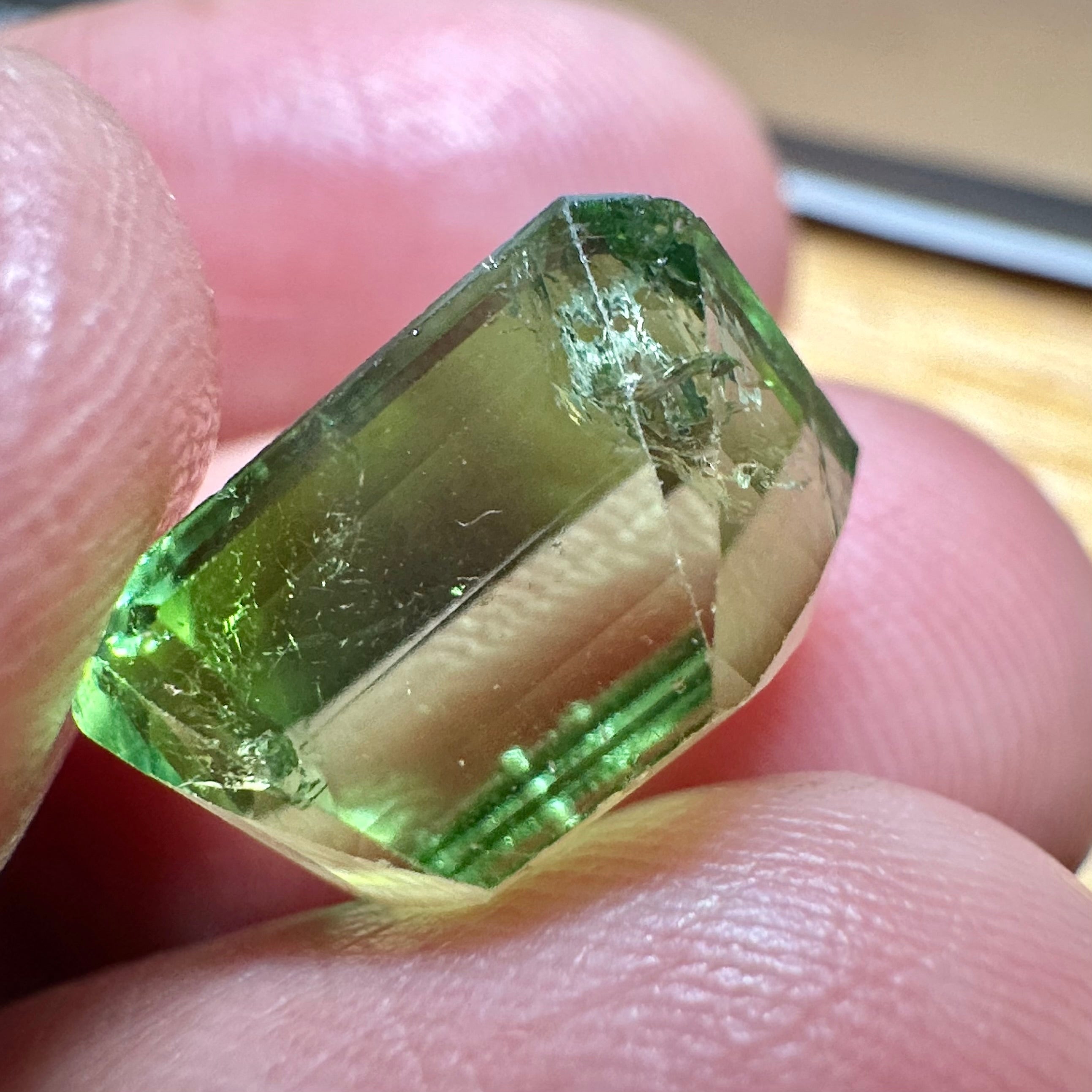 Mozambique Tourmaline, 7.18ct,  Unheated Untreated. Salvaged from an old stock of Mozambique unheated Tourmalines that had been put aside, there is a good portion, needs a recut, treat as a pre-shape for faceting, BUT LOOK AT THAT COLOUR