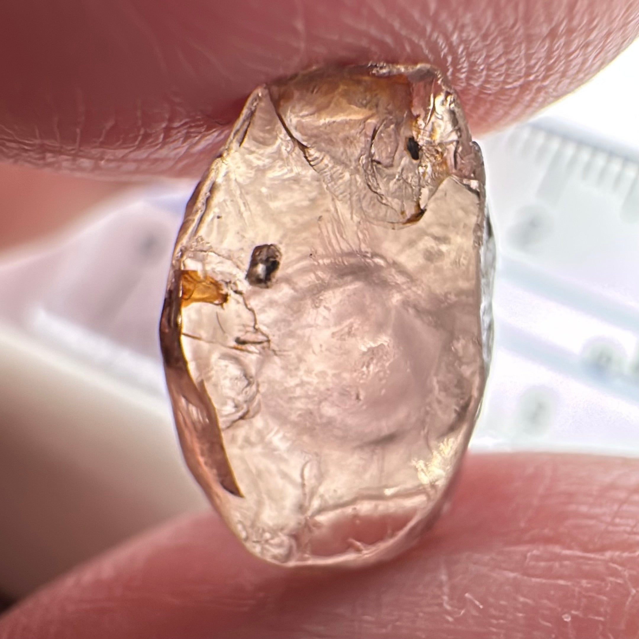 Peach Malaya Garnet, 6.37ct, silk that looks like an eye (see vid.) with a crystal inclusion on the side, flat stone , Unheated Untreated, Umba Valley Tanzania. See pictures to get the exact idea of depth