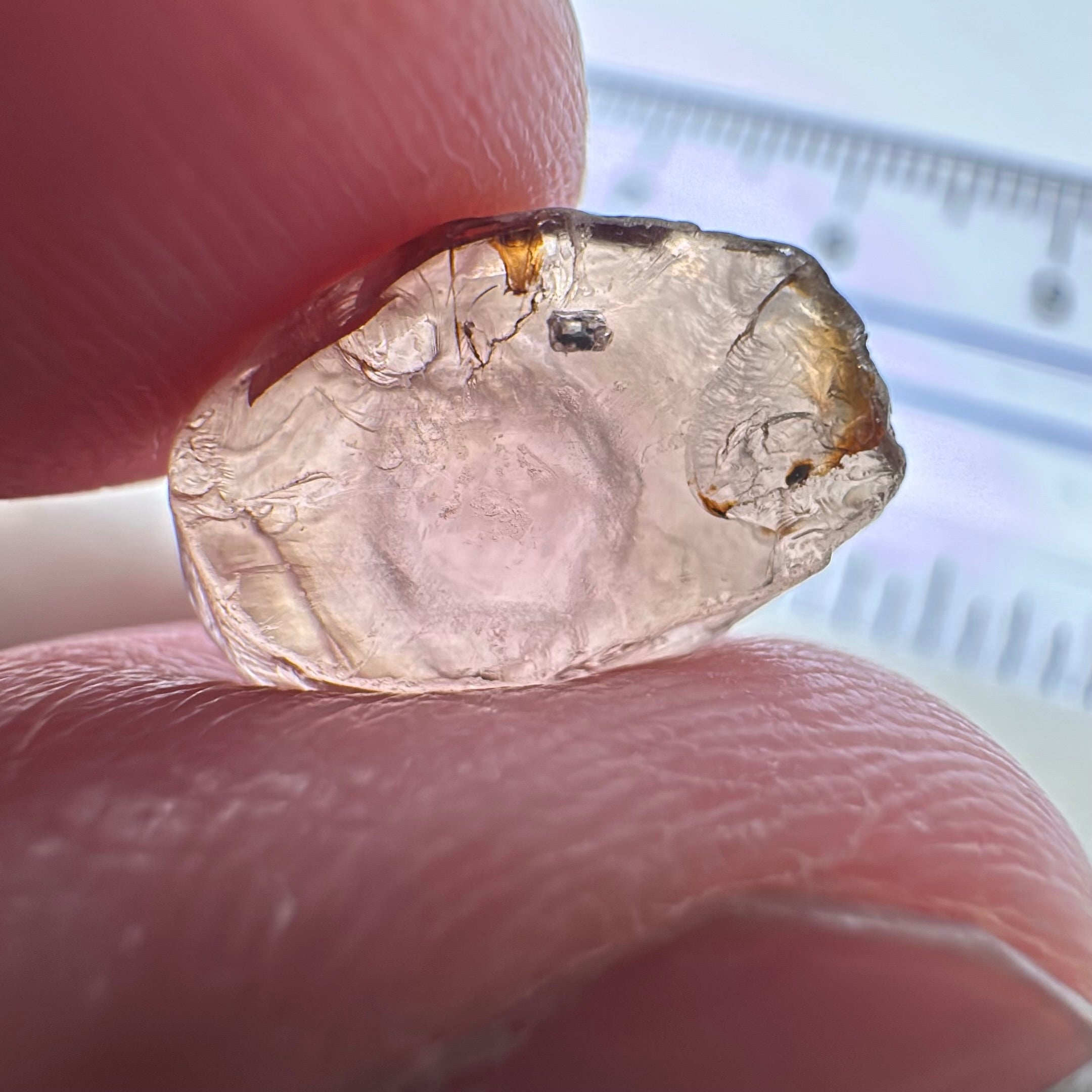 Peach Malaya Garnet, 6.37ct, silk that looks like an eye (see vid.) with a crystal inclusion on the side, flat stone , Unheated Untreated, Umba Valley Tanzania. See pictures to get the exact idea of depth