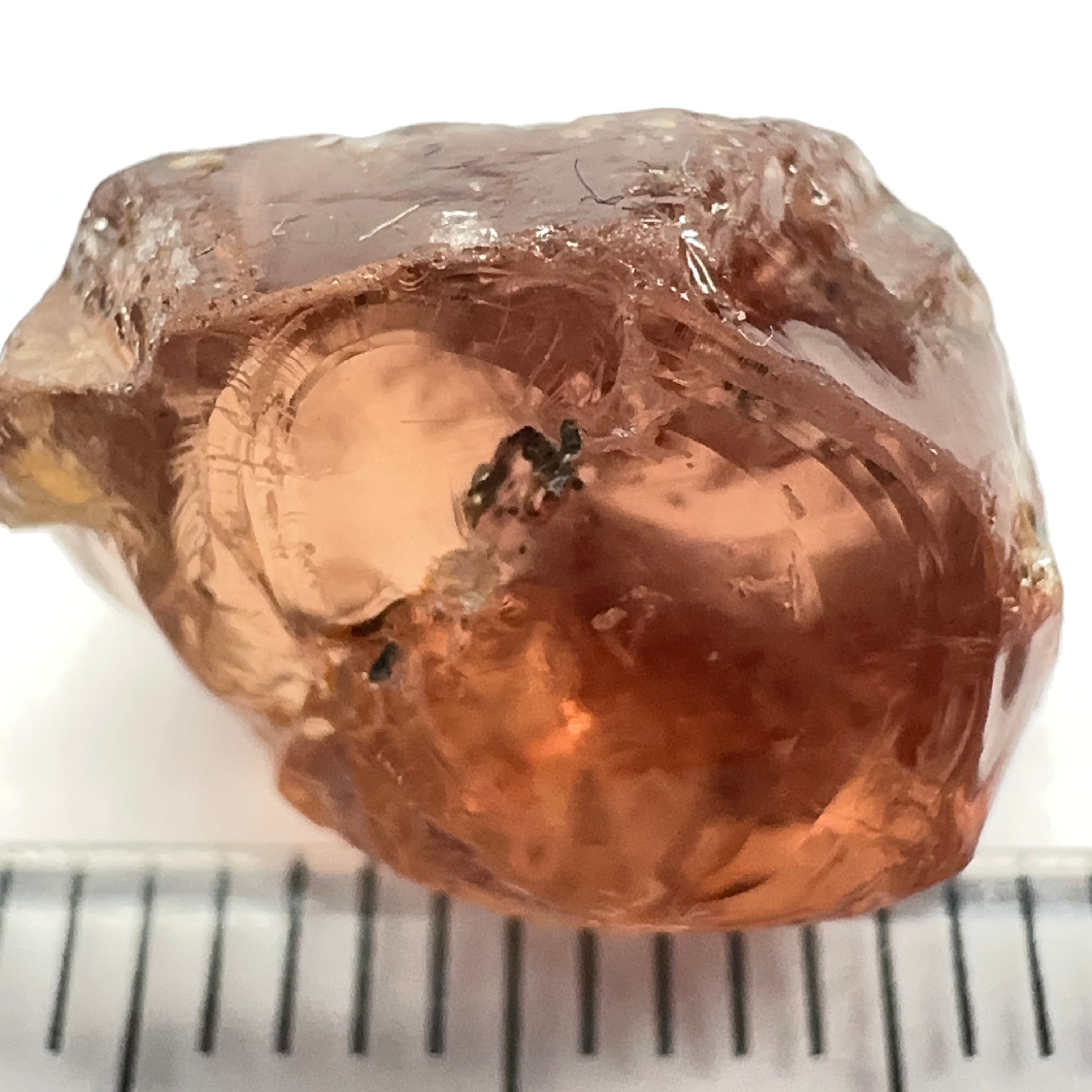 Peach Malaya Garnet, 11.56ct, silk and very fine needles, some inclusions (spots) on the outside of the stone that will come off on preforming,  Unheated Untreated, Umba Valley Tanzania