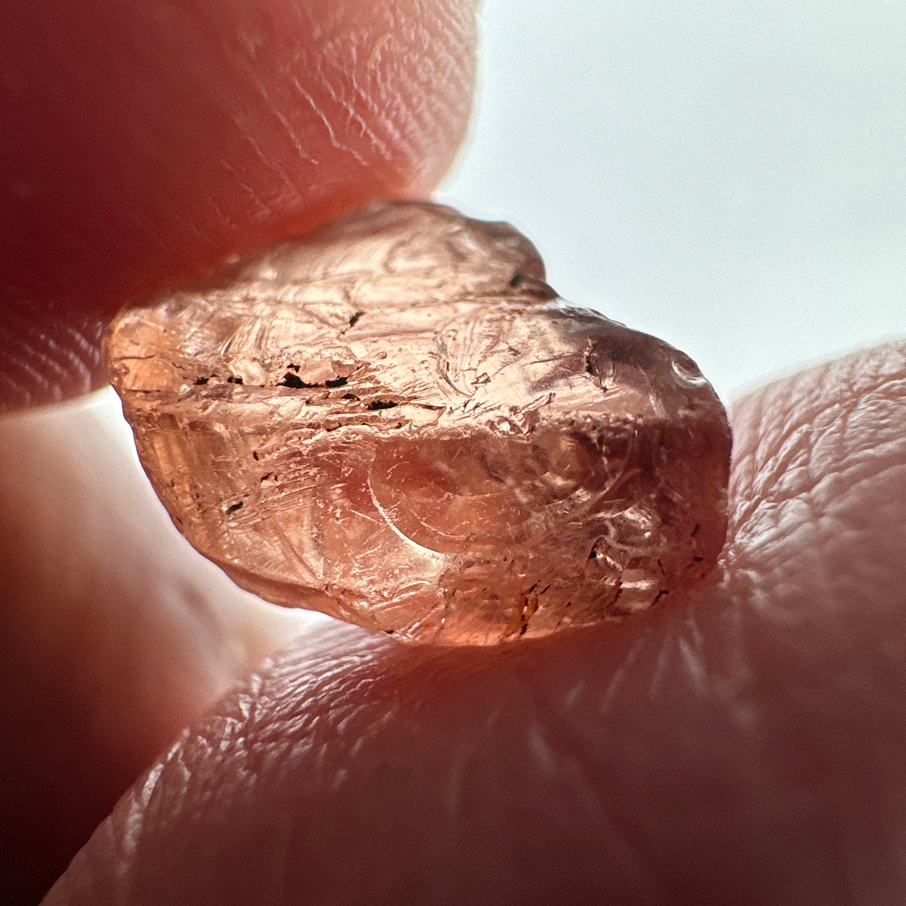 Peach Malaya Garnet, 4.69ct, vvs but flattish, Unheated Untreated, Umba Valley Tanzania