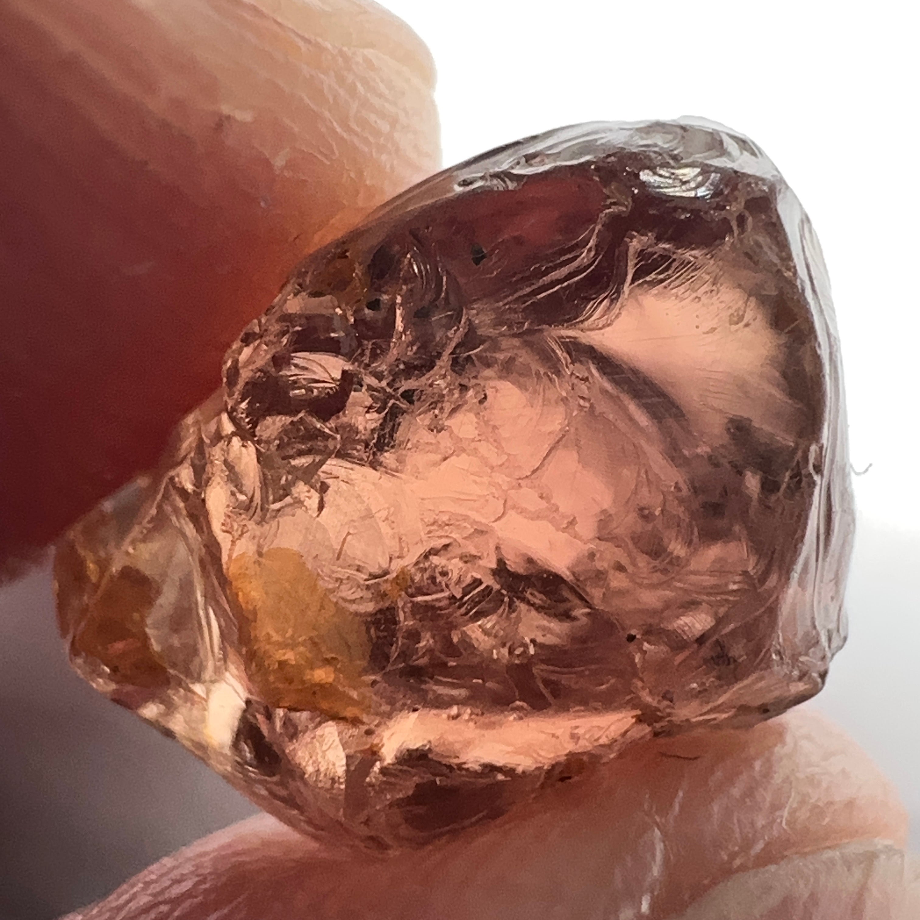 Peach Malaya Garnet, 11.56ct, silk and very fine needles, some inclusions (spots) on the outside of the stone that will come off on preforming,  Unheated Untreated, Umba Valley Tanzania