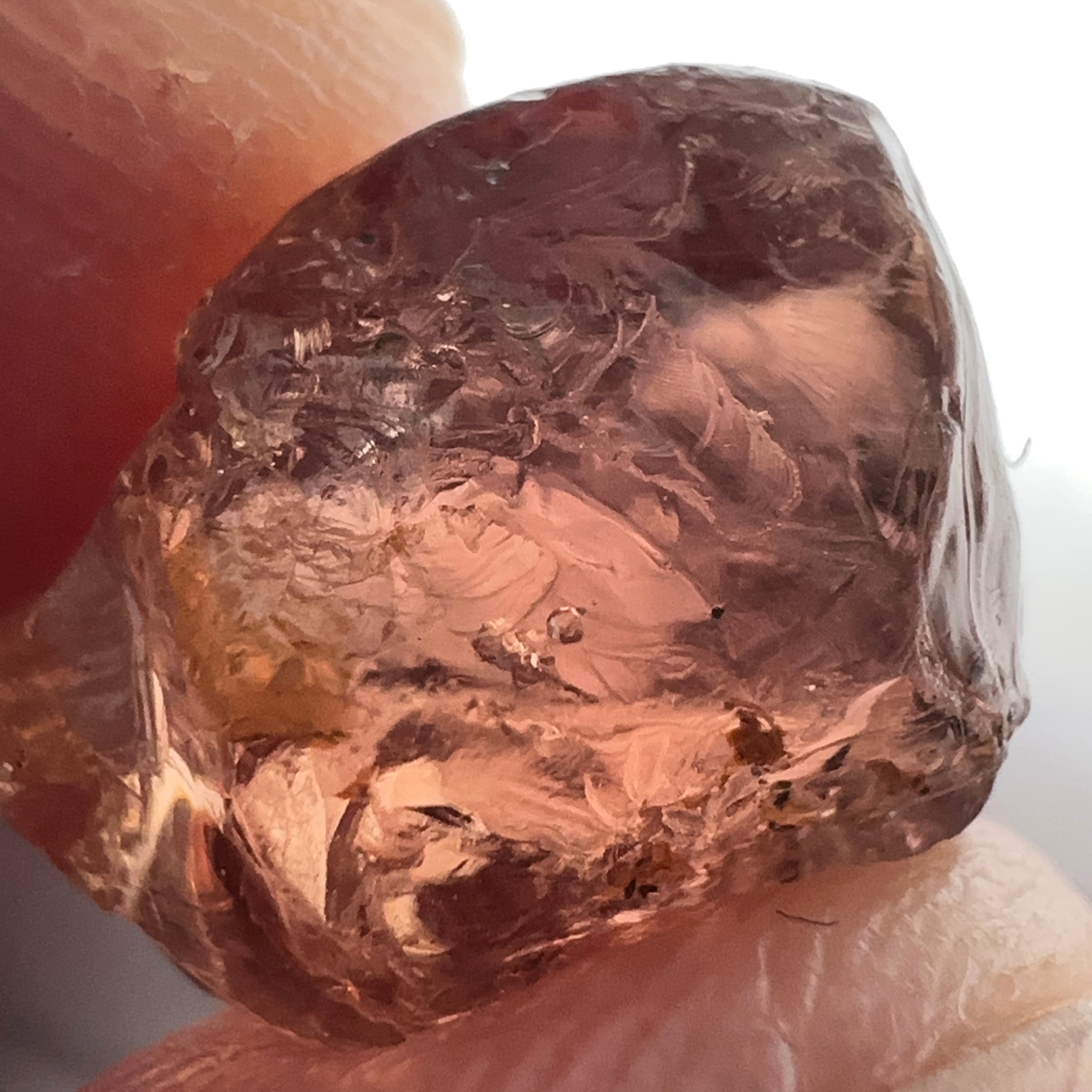 Peach Malaya Garnet, 11.56ct, silk and very fine needles, some inclusions (spots) on the outside of the stone that will come off on preforming,  Unheated Untreated, Umba Valley Tanzania