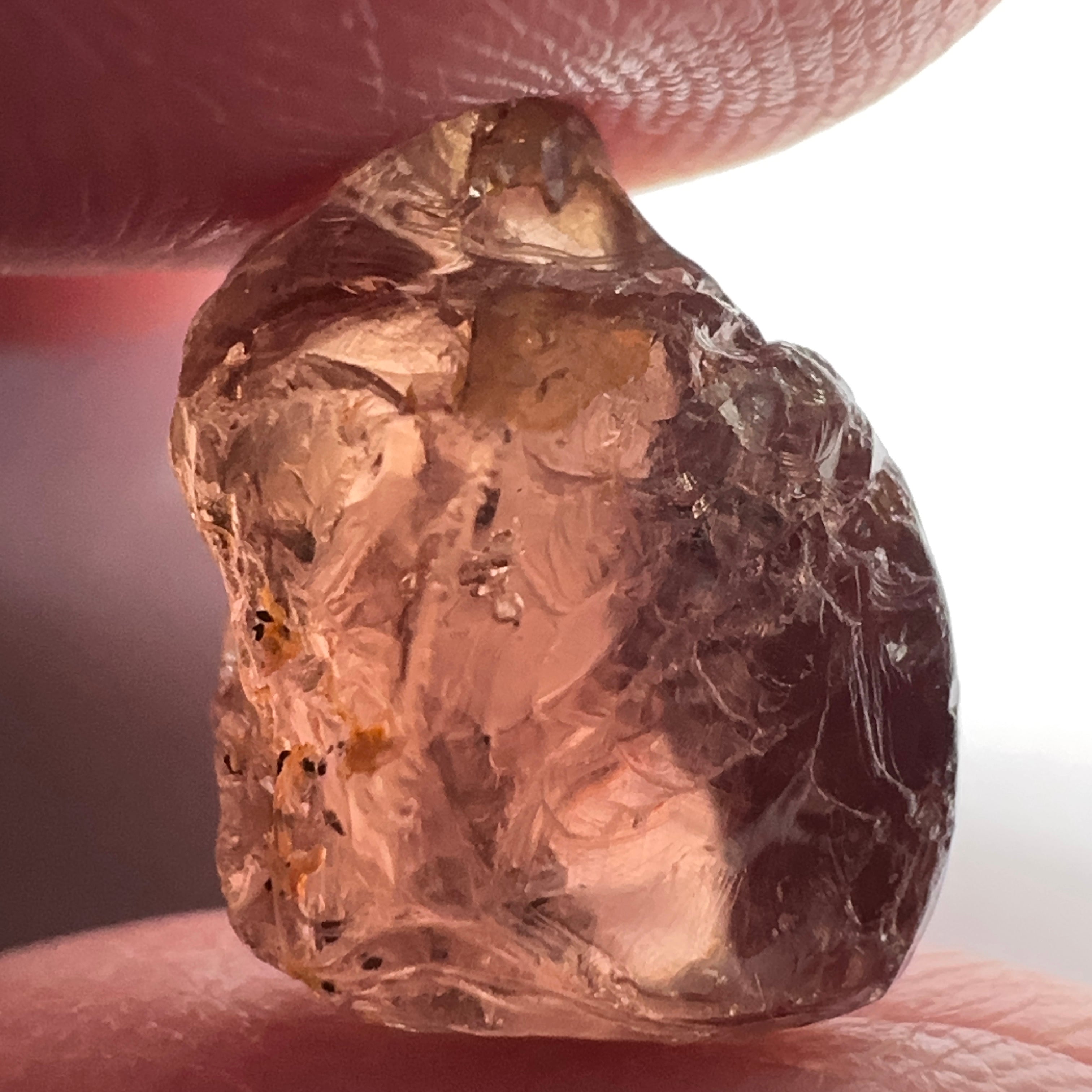 Peach Malaya Garnet, 11.56ct, silk and very fine needles, some inclusions (spots) on the outside of the stone that will come off on preforming,  Unheated Untreated, Umba Valley Tanzania