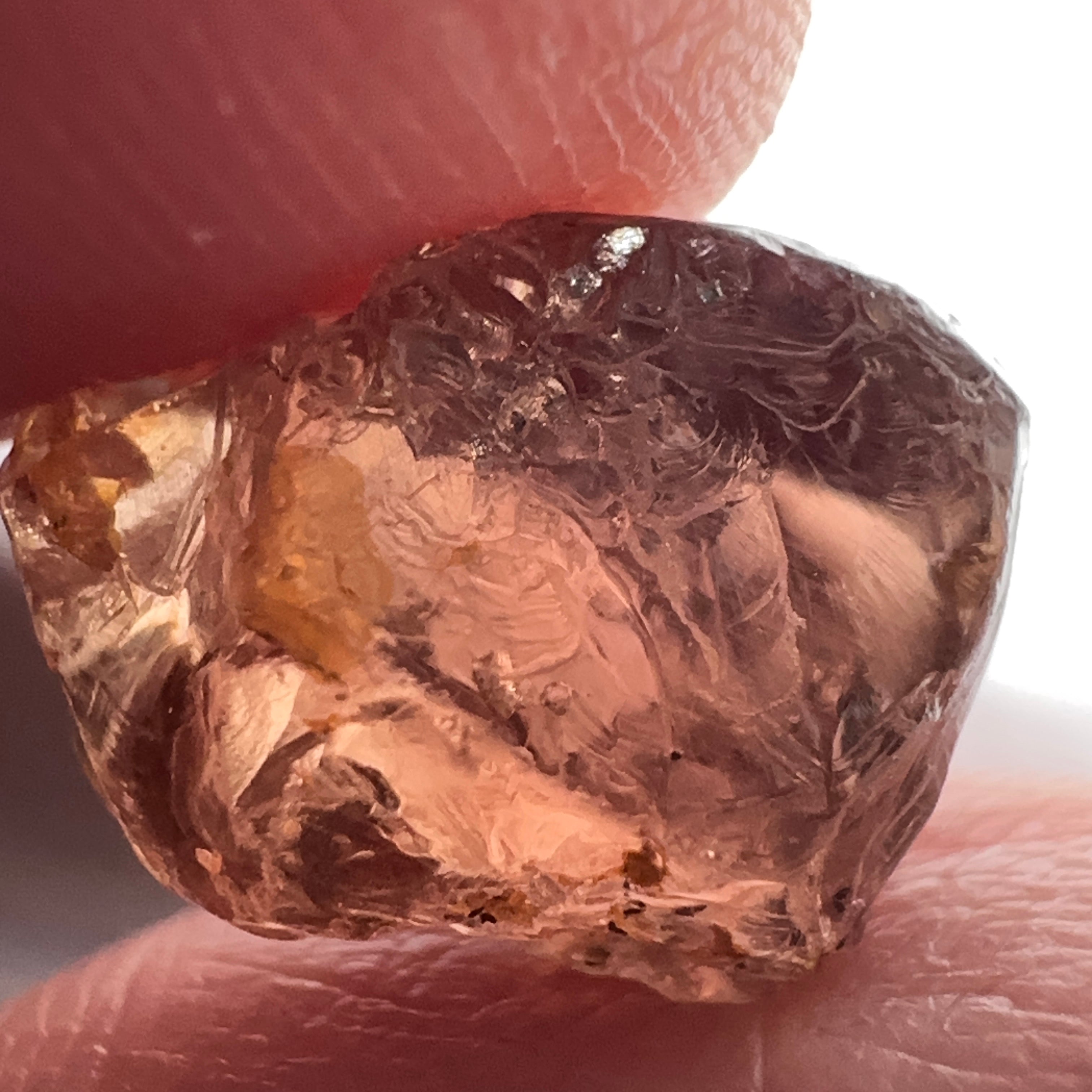 Peach Malaya Garnet, 11.56ct, silk and very fine needles, some inclusions (spots) on the outside of the stone that will come off on preforming,  Unheated Untreated, Umba Valley Tanzania