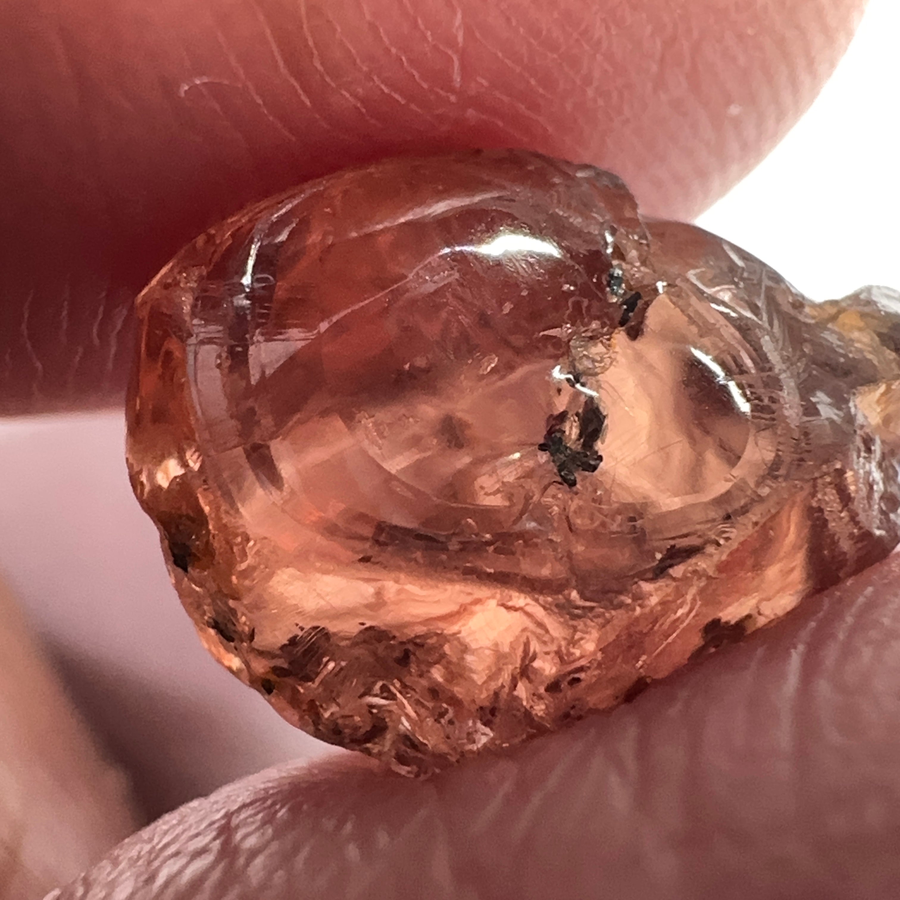 Peach Malaya Garnet, 11.56ct, silk and very fine needles, some inclusions (spots) on the outside of the stone that will come off on preforming,  Unheated Untreated, Umba Valley Tanzania