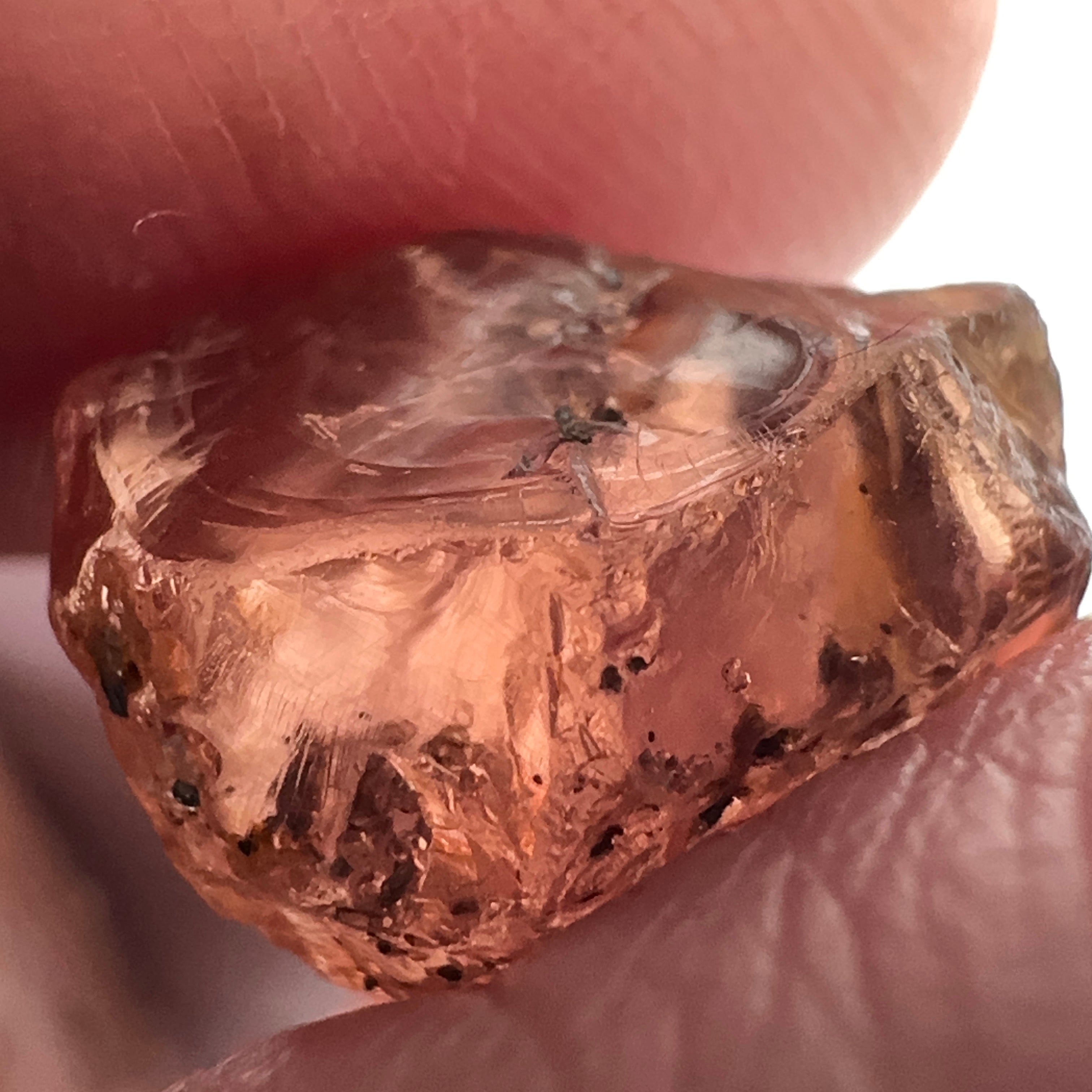 Peach Malaya Garnet, 11.56ct, silk and very fine needles, some inclusions (spots) on the outside of the stone that will come off on preforming,  Unheated Untreated, Umba Valley Tanzania