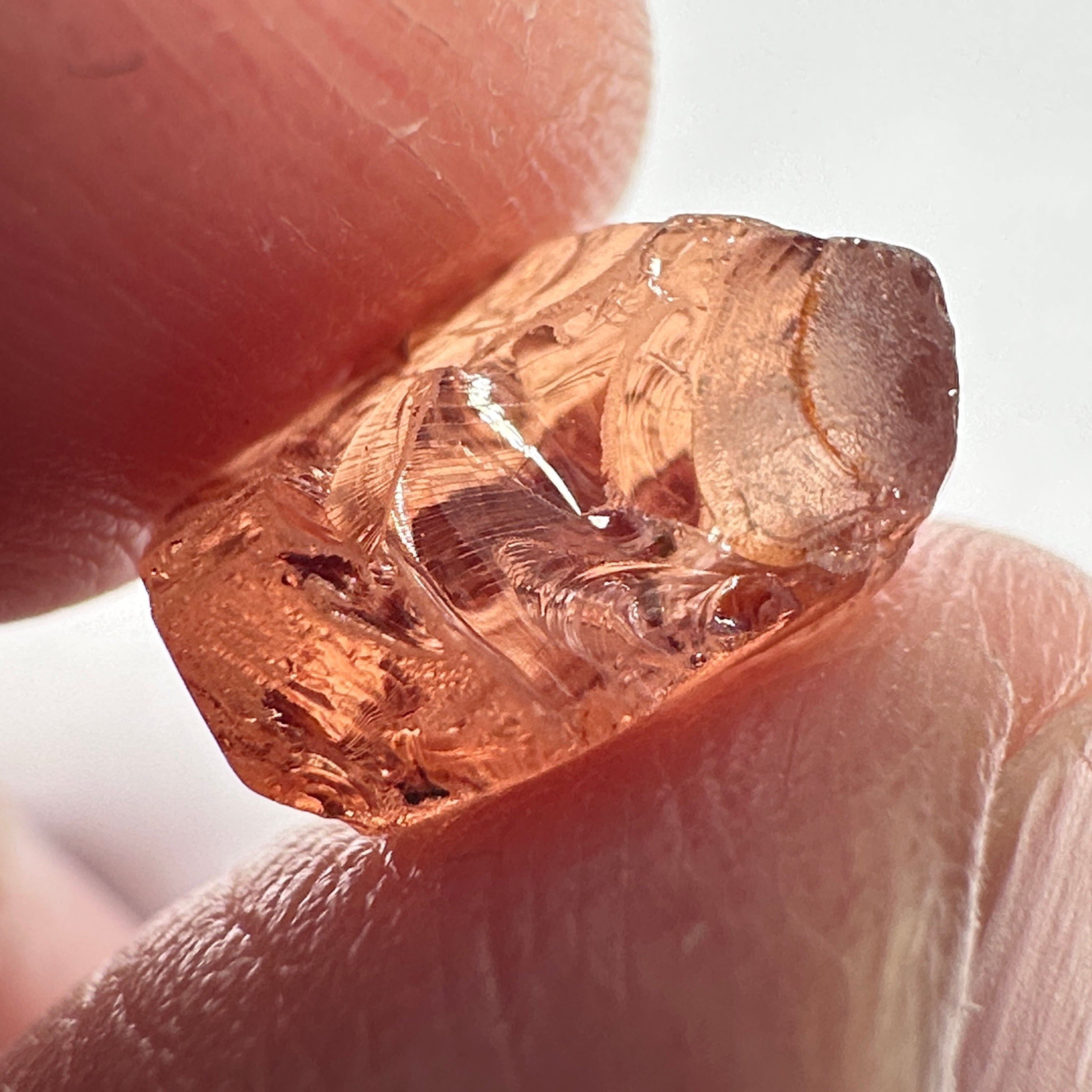 Peach Malaya Garnet, 5.97ct, vvs-if with slight crack on skin, challenging shape, Unheated Untreated, Umba Valley Tanzania