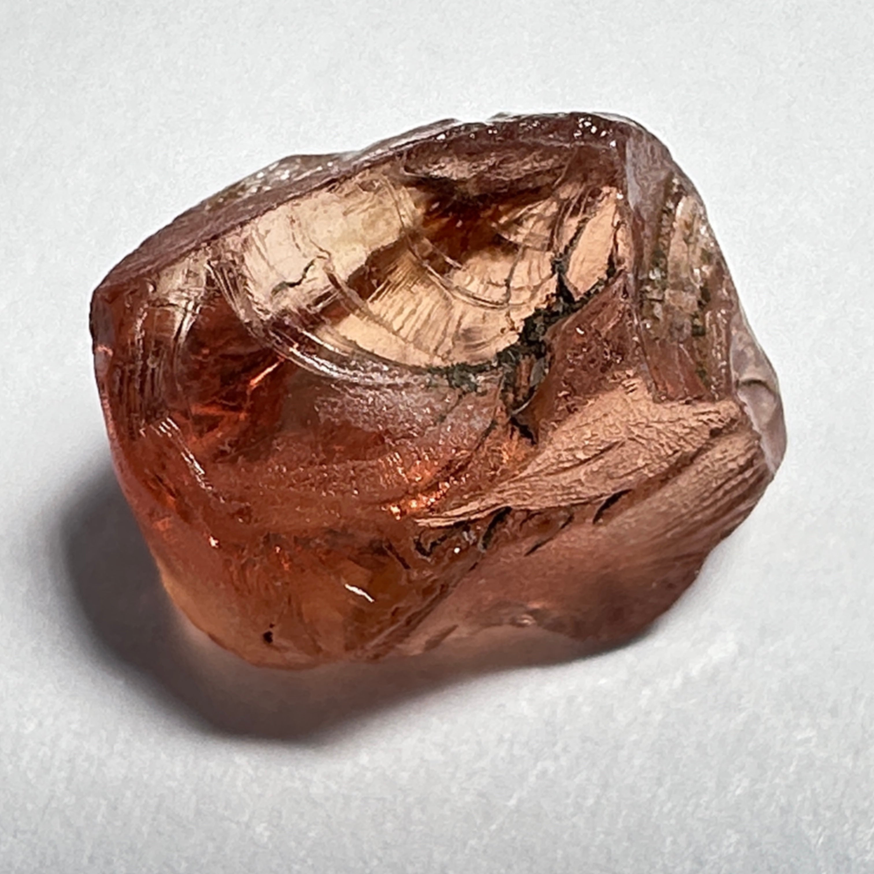 Peach Malaya Garnet, 5.97ct, vvs-if with slight crack on skin, challenging shape, Unheated Untreated, Umba Valley Tanzania