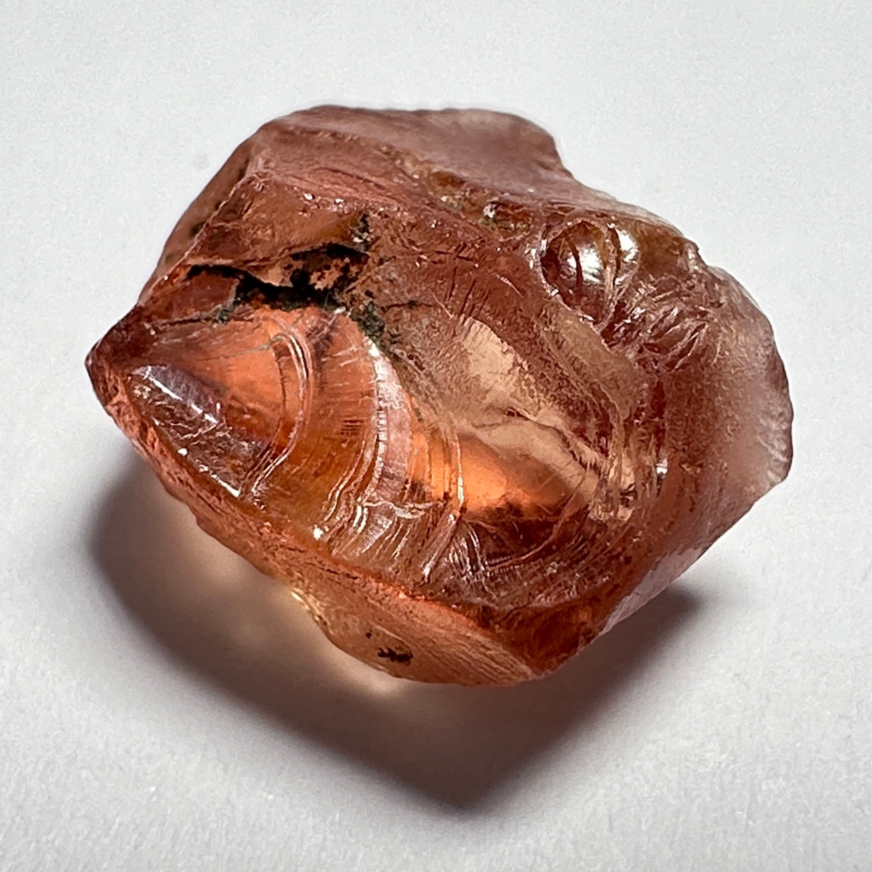 Peach Malaya Garnet, 5.97ct, vvs-if with slight crack on skin, challenging shape, Unheated Untreated, Umba Valley Tanzania