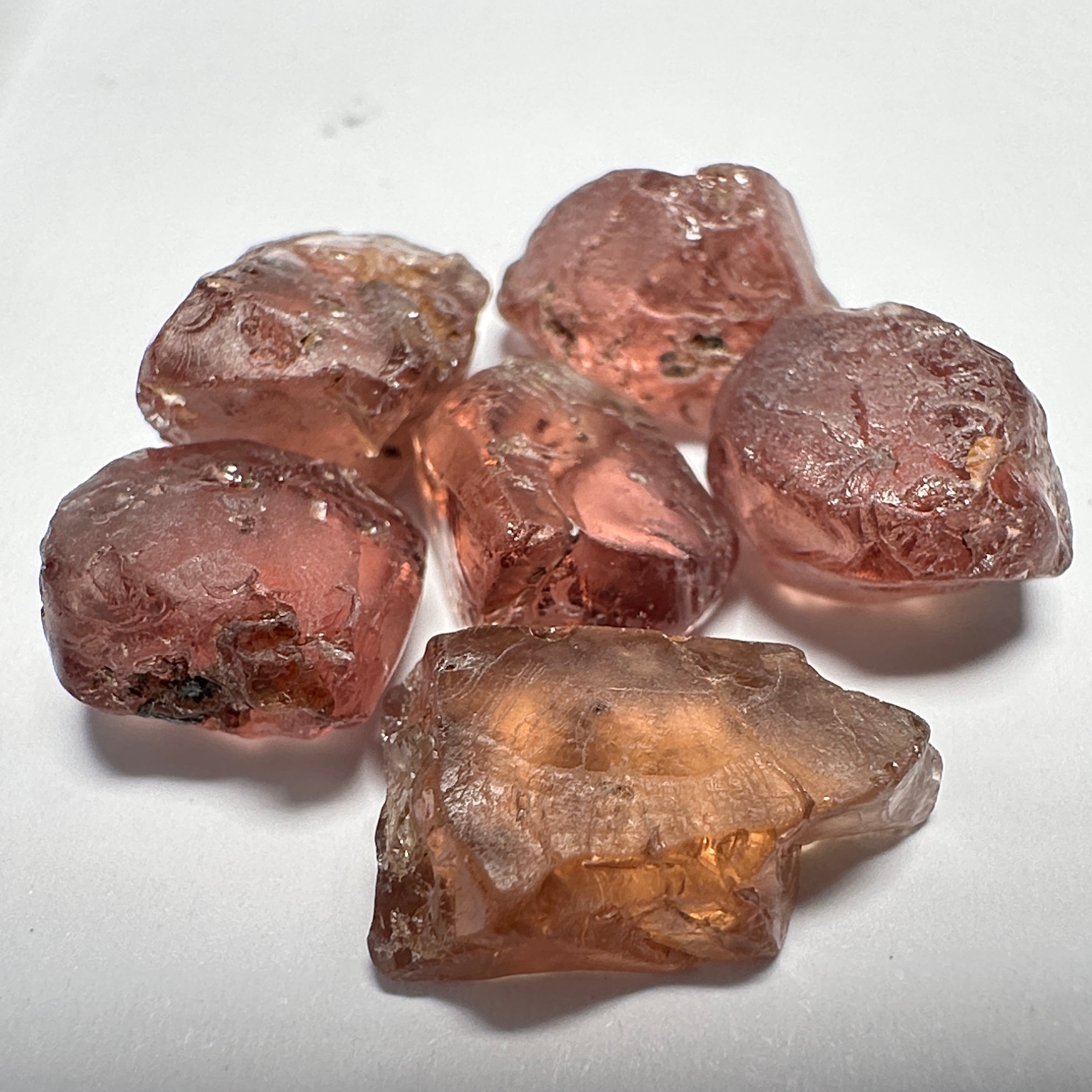 Peach Malaya Garnet Lot, 35.73ct, 6pcs lot, 5.99ct average. All stones have spots so if you don’t mind cutting with spots then this is for you. Unheated Untreated, Tanzania