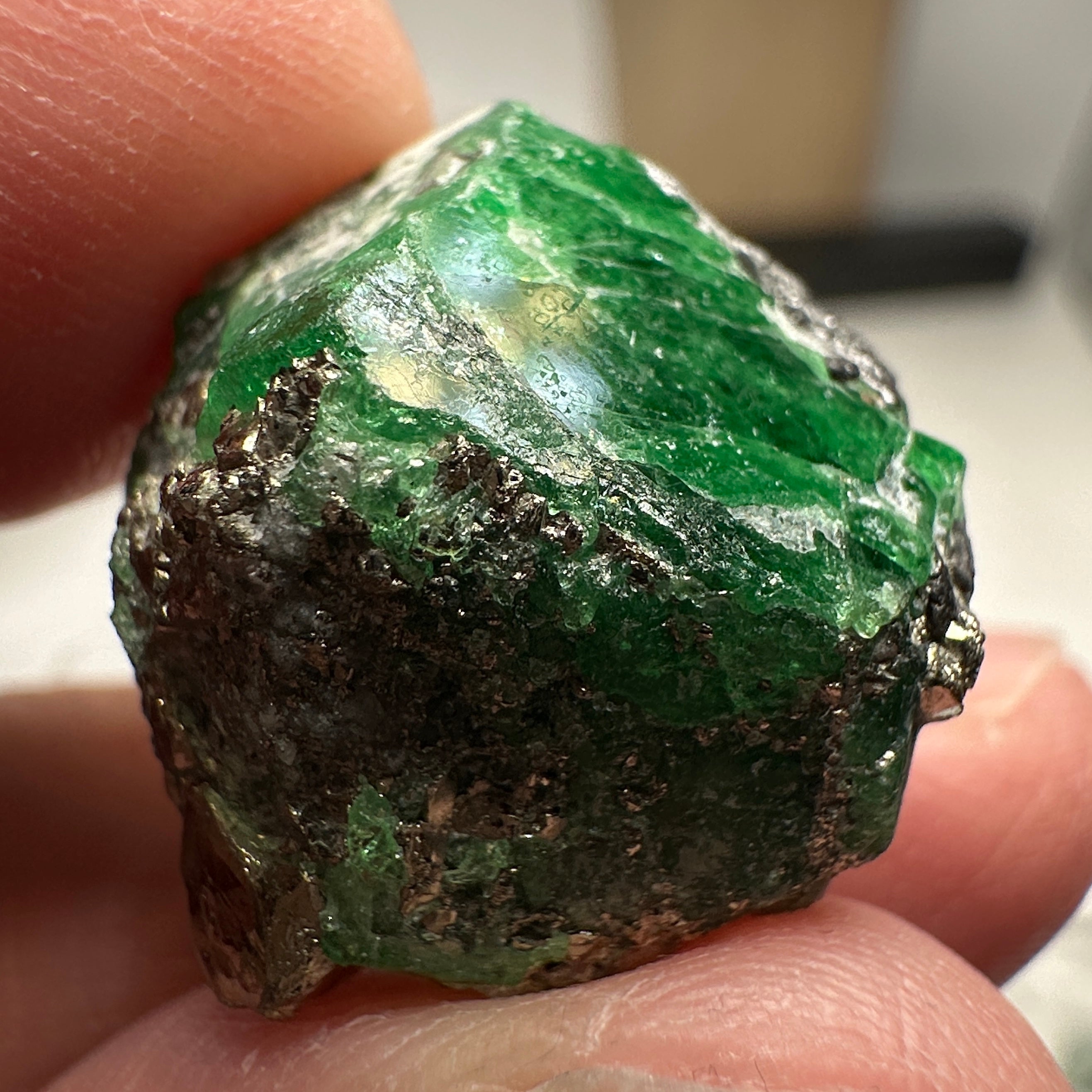 Tsavorite Garnet on matrix with pyrite, 33.27ct, Merelani, Tanzania