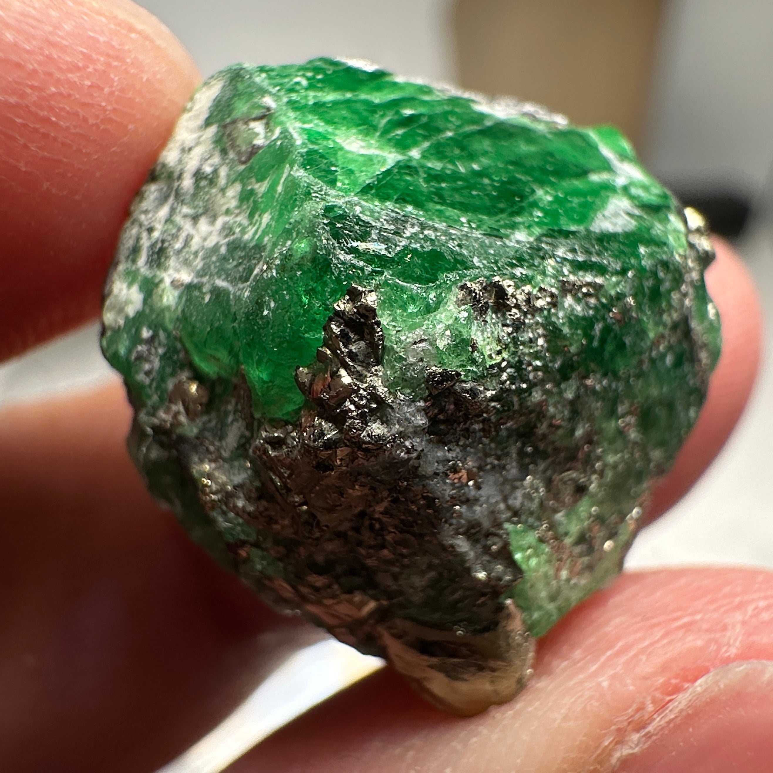 Tsavorite Garnet on matrix with pyrite, 33.27ct, Merelani, Tanzania