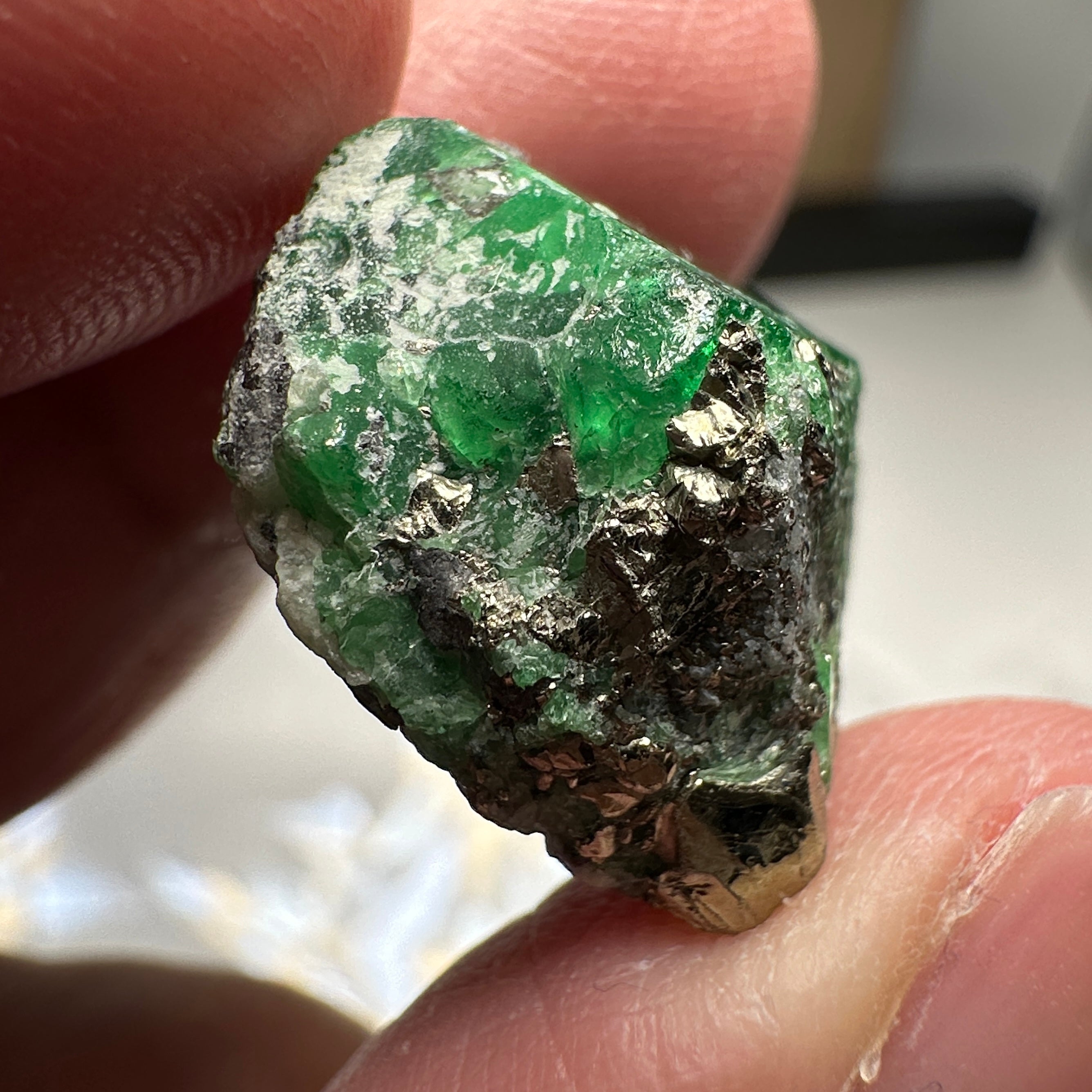 Tsavorite Garnet on matrix with pyrite, 33.27ct, Merelani, Tanzania