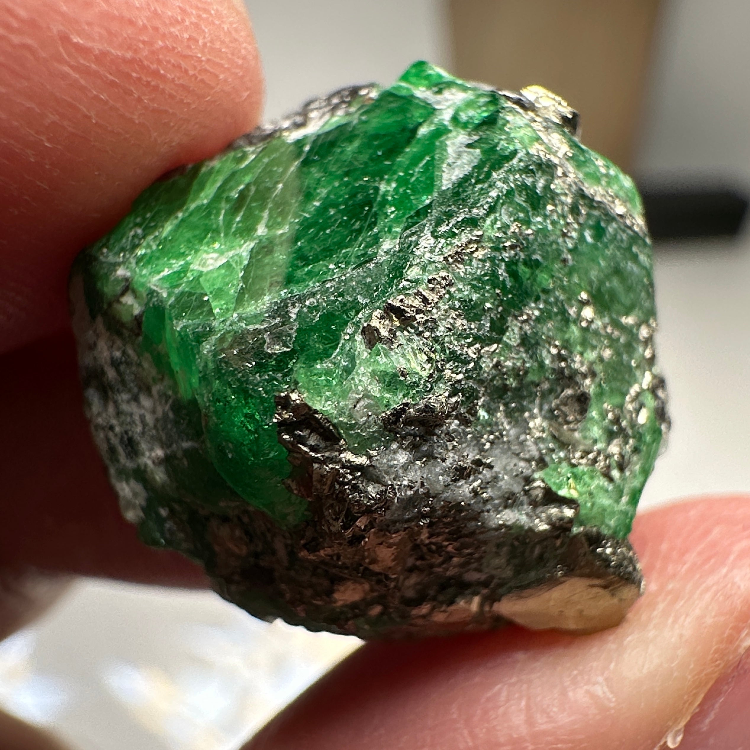 Tsavorite Garnet on matrix with pyrite, 33.27ct, Merelani, Tanzania