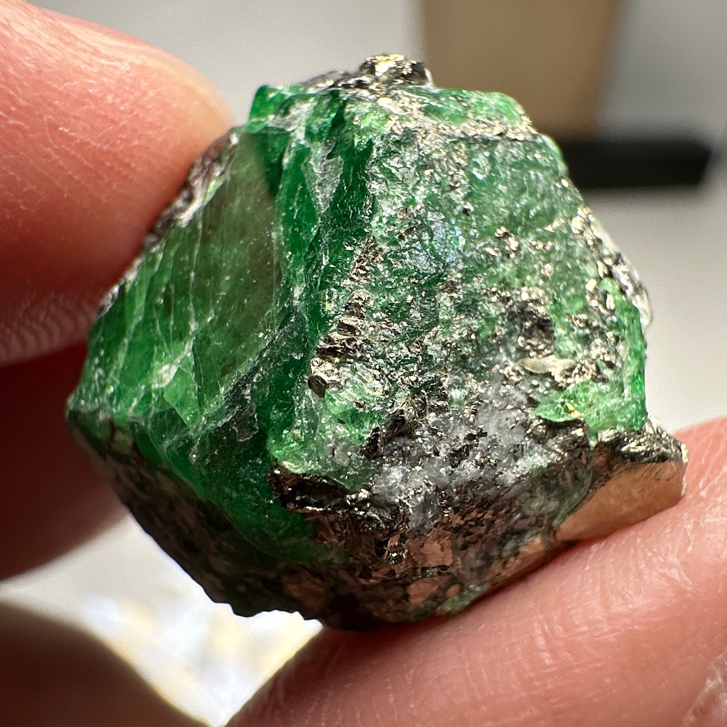 Tsavorite Garnet on matrix with pyrite, 33.27ct, Merelani, Tanzania