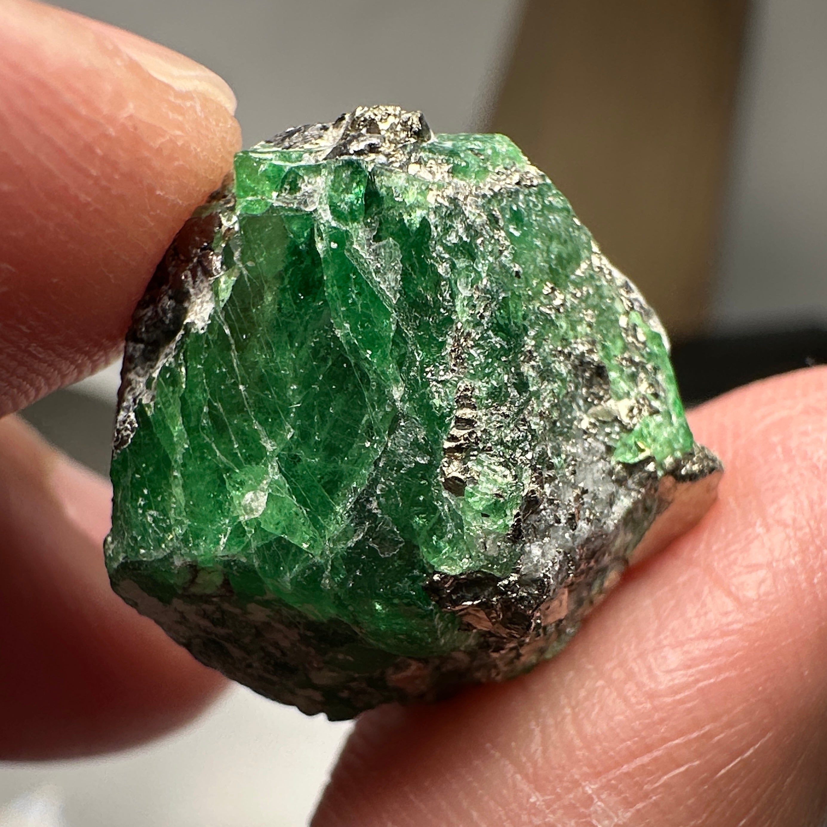 Tsavorite Garnet on matrix with pyrite, 33.27ct, Merelani, Tanzania