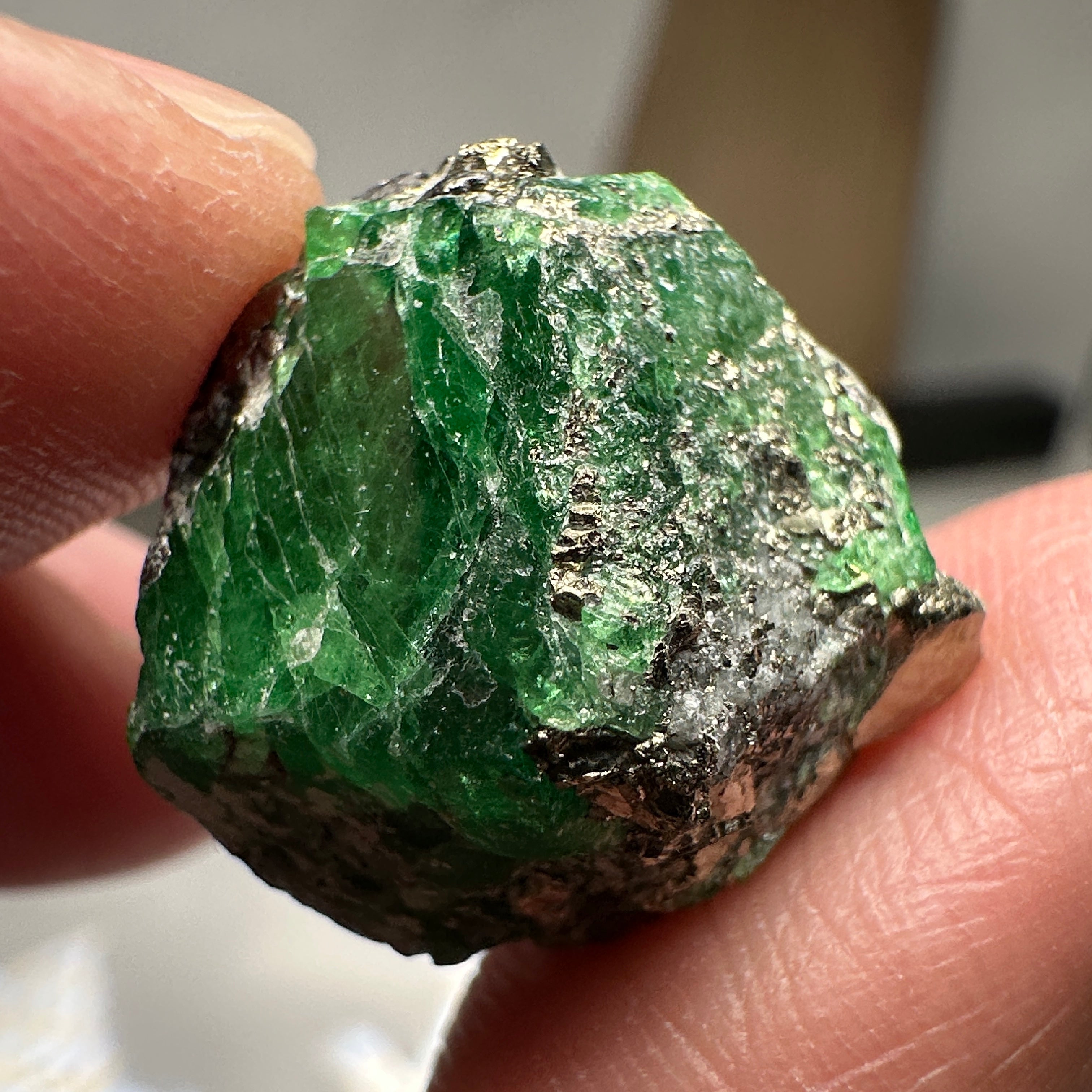 Tsavorite Garnet on matrix with pyrite, 33.27ct, Merelani, Tanzania