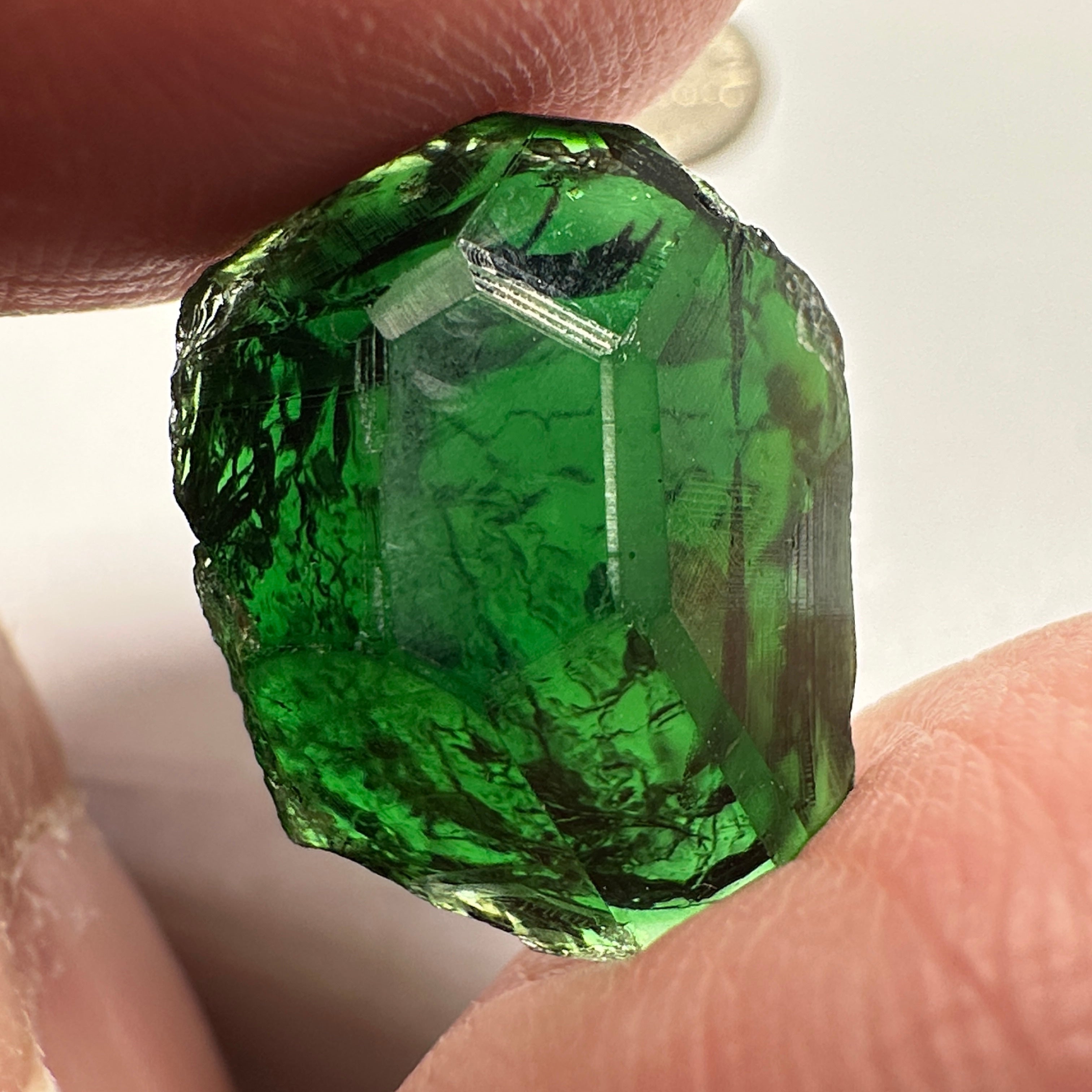 Chrome Tourmaline, 14.90ct, Tanzania, Untreated Unheated, VVS-IF with one spot, I have circled the spot in red on one of the pictures, stone is dark and shown in different lights and backgrounds, see all pictures.