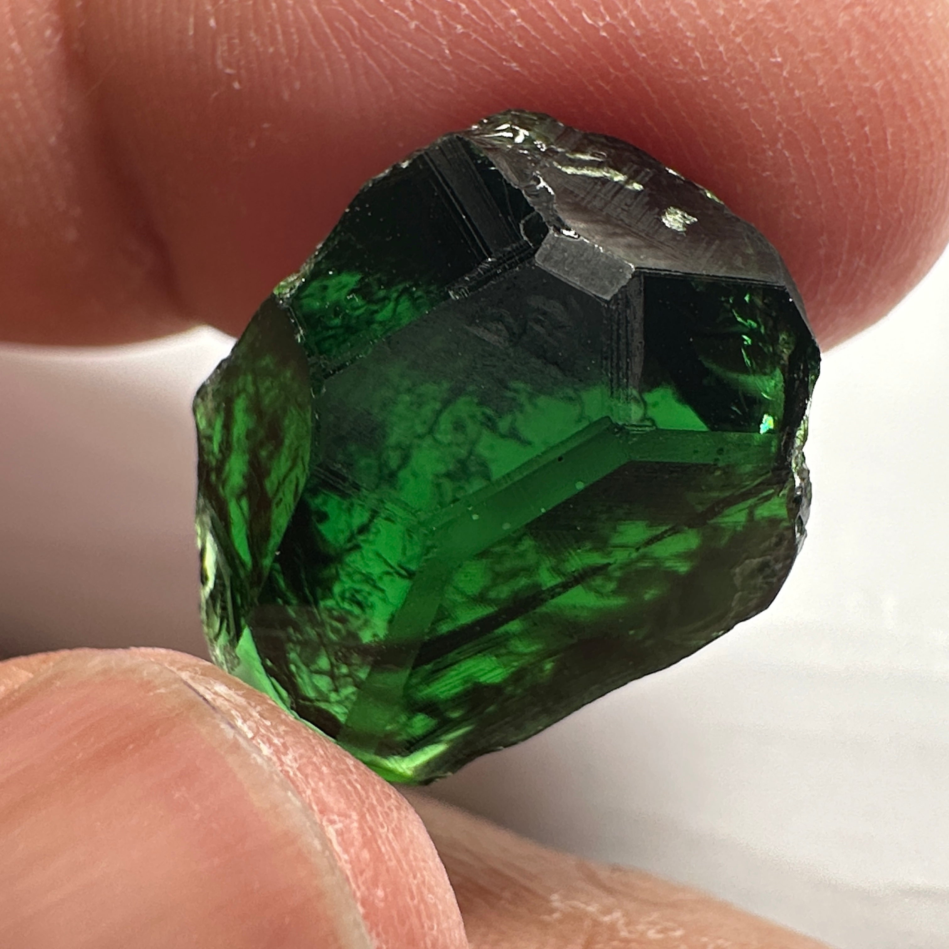 Chrome Tourmaline, 14.90ct, Tanzania, Untreated Unheated, VVS-IF with one spot, I have circled the spot in red on one of the pictures, stone is dark and shown in different lights and backgrounds, see all pictures.