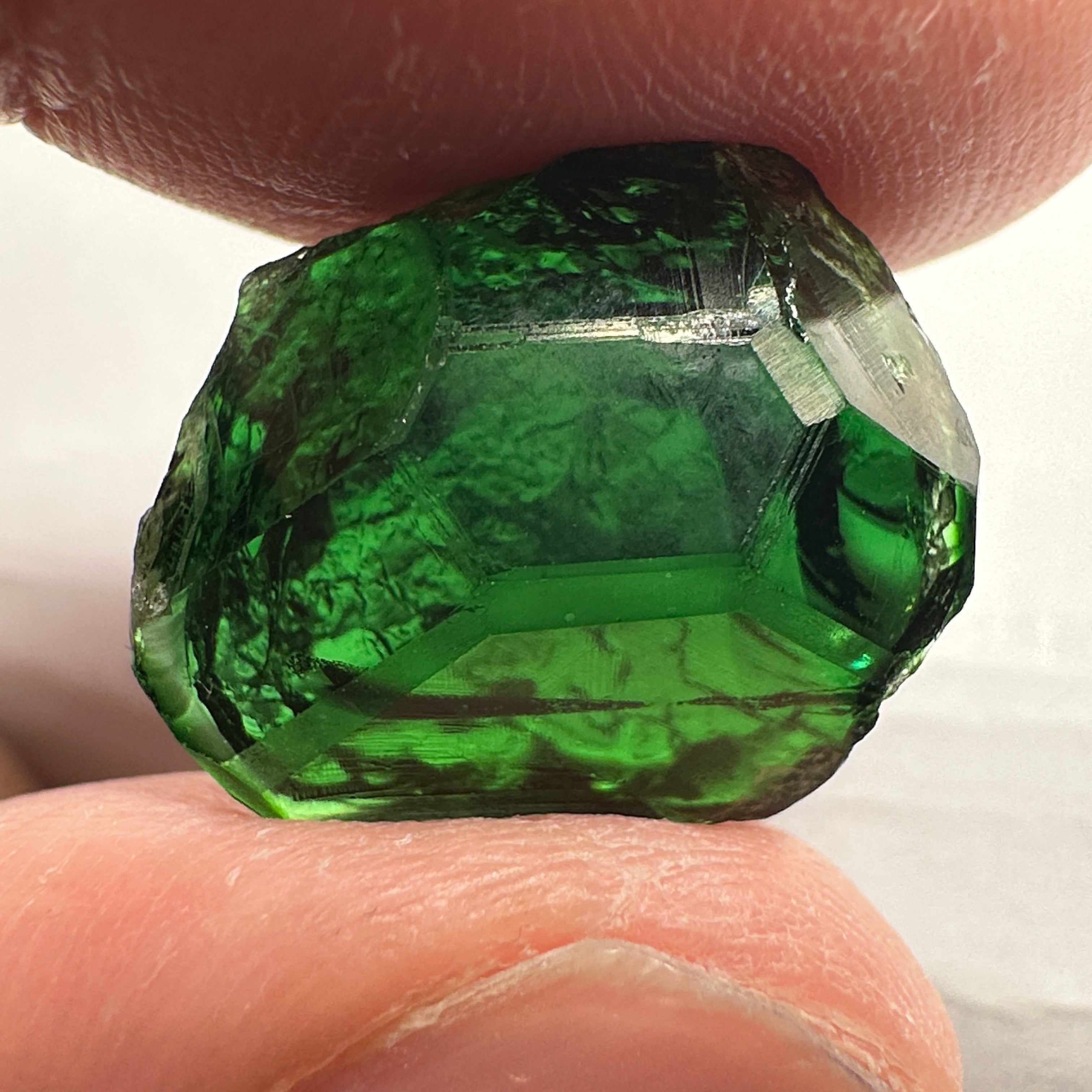 Chrome Tourmaline, 14.90ct, Tanzania, Untreated Unheated, VVS-IF with one spot, I have circled the spot in red on one of the pictures, stone is dark and shown in different lights and backgrounds, see all pictures.