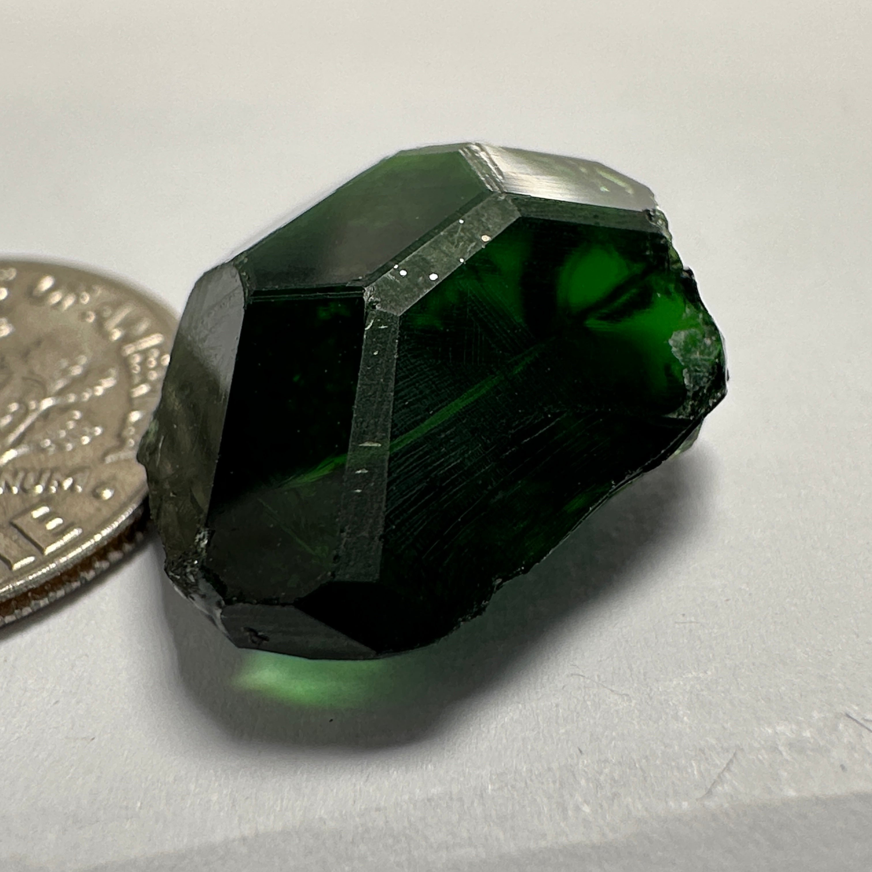 Chrome Tourmaline, 14.90ct, Tanzania, Untreated Unheated, VVS-IF with one spot, I have circled the spot in red on one of the pictures, stone is dark and shown in different lights and backgrounds, see all pictures.