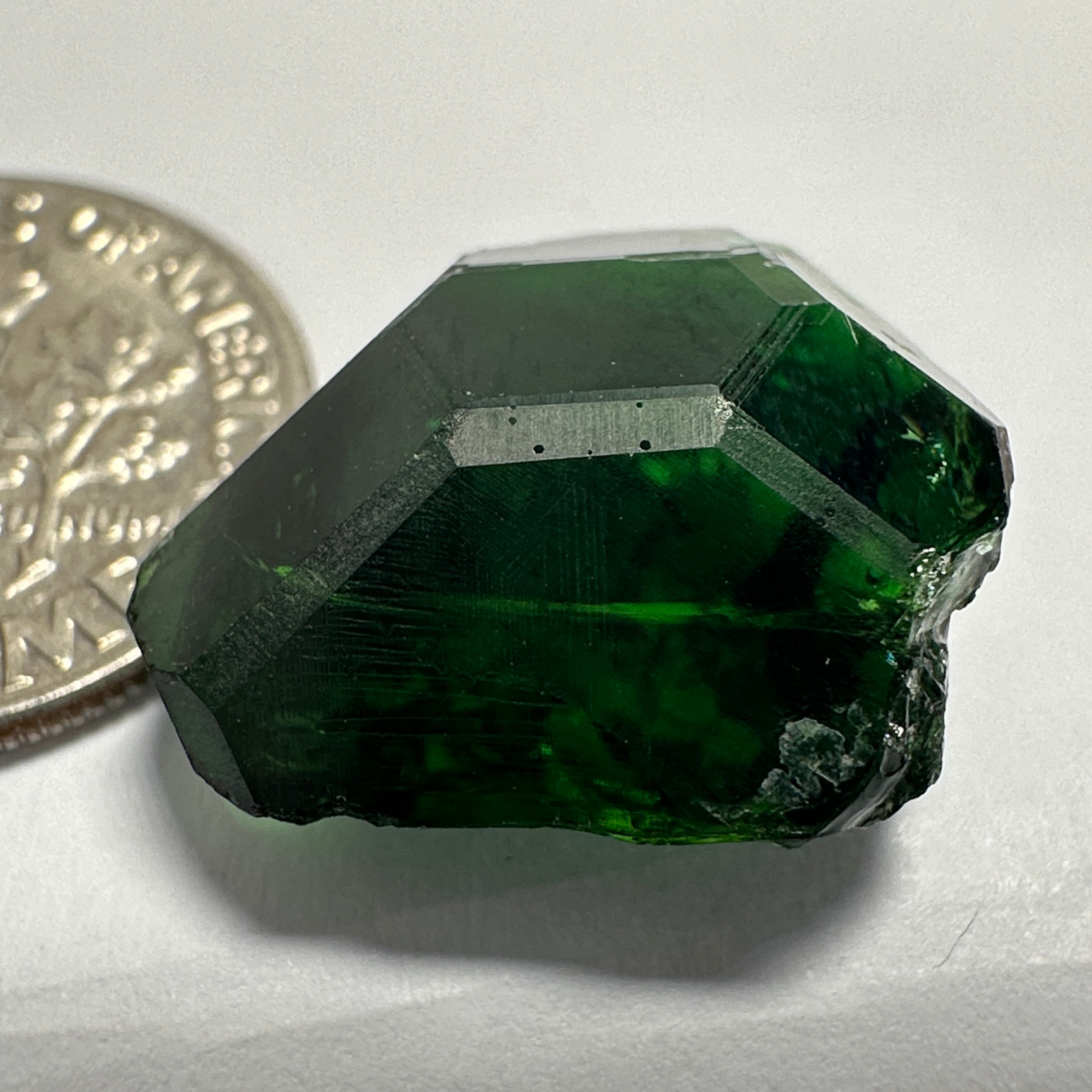 Chrome Tourmaline, 14.90ct, Tanzania, Untreated Unheated, VVS-IF with one spot, I have circled the spot in red on one of the pictures, stone is dark and shown in different lights and backgrounds, see all pictures.