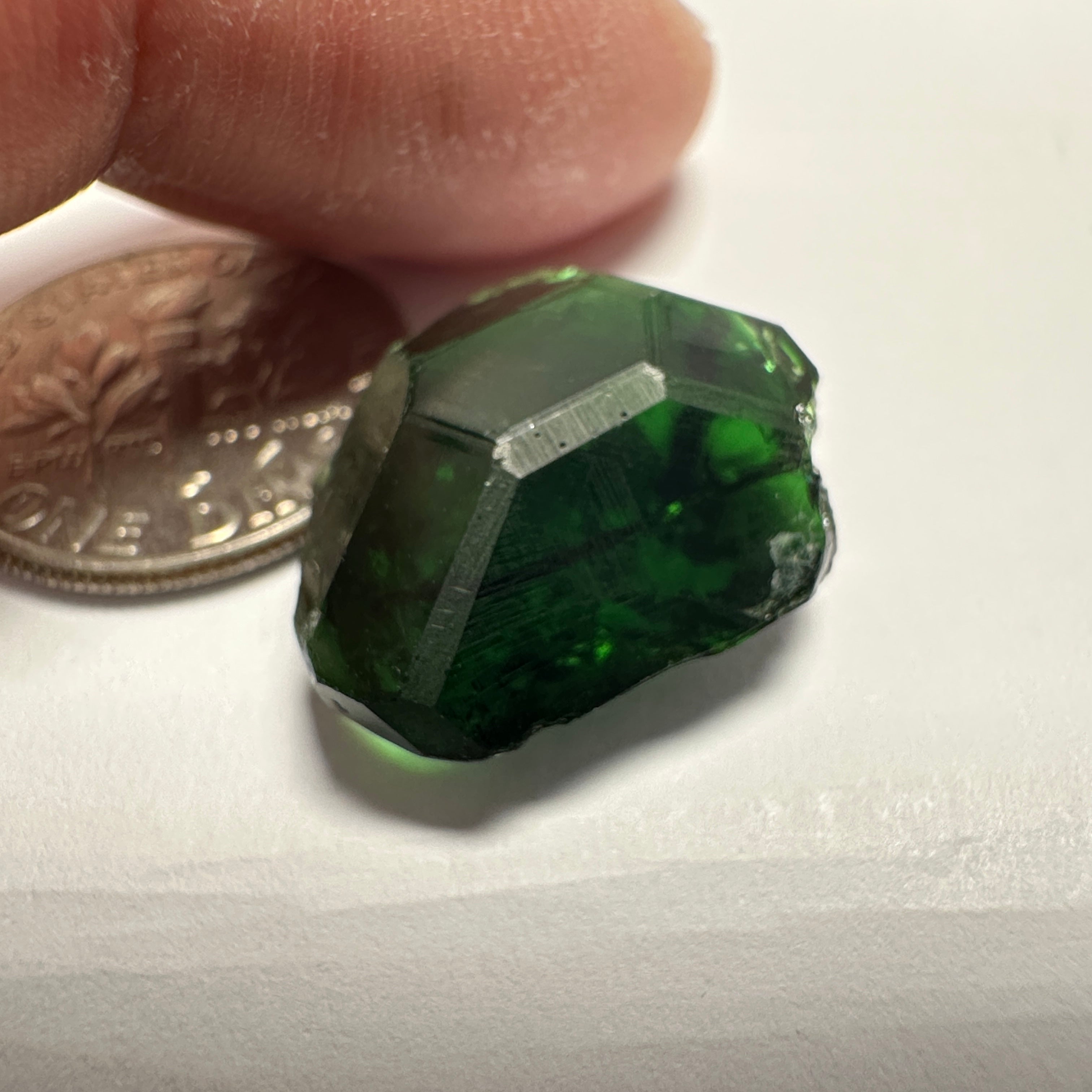 Chrome Tourmaline, 14.90ct, Tanzania, Untreated Unheated, VVS-IF with one spot, I have circled the spot in red on one of the pictures, stone is dark and shown in different lights and backgrounds, see all pictures.