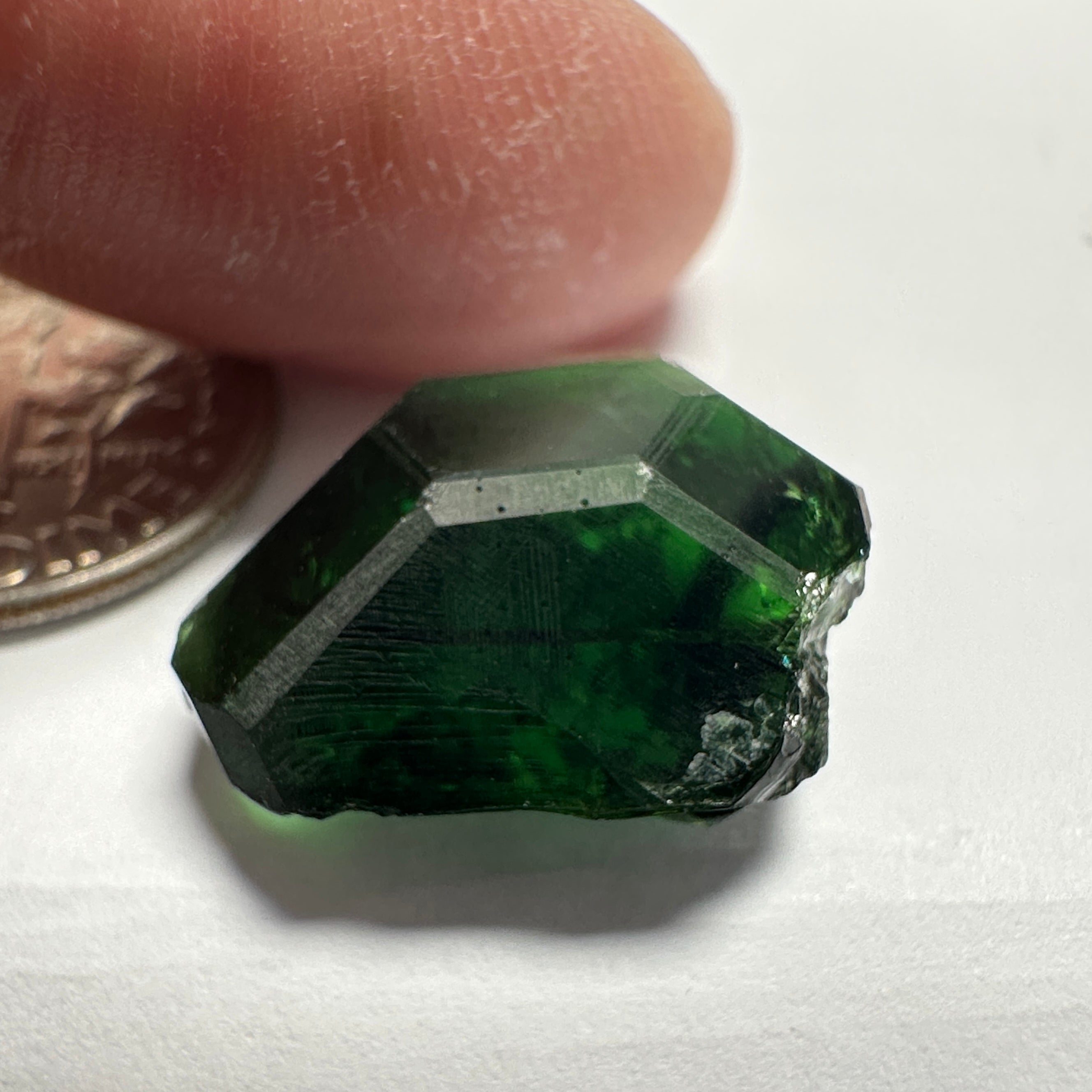 Chrome Tourmaline, 14.90ct, Tanzania, Untreated Unheated, VVS-IF with one spot, I have circled the spot in red on one of the pictures, stone is dark and shown in different lights and backgrounds, see all pictures.