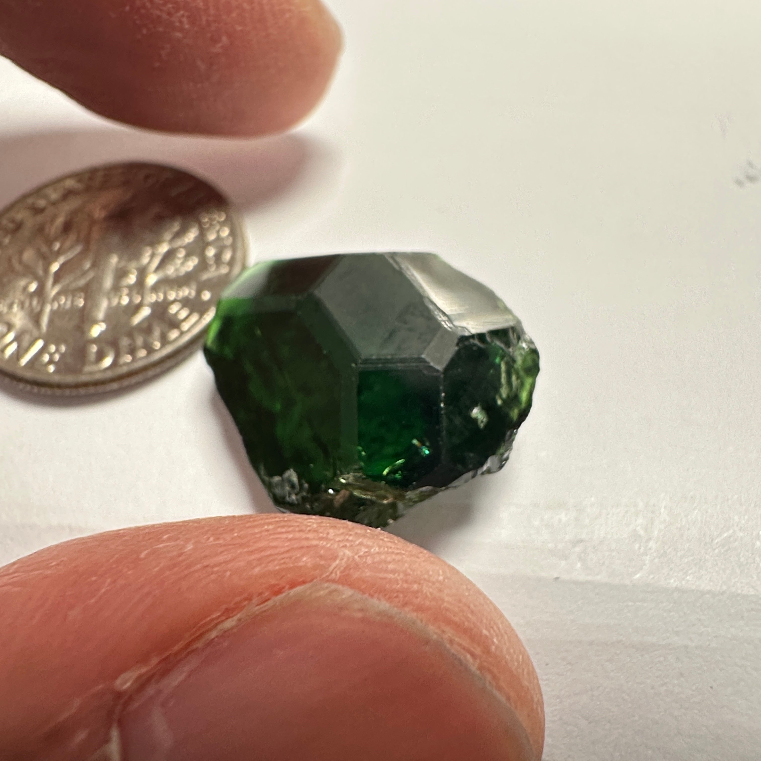 Chrome Tourmaline, 14.90ct, Tanzania, Untreated Unheated, VVS-IF with one spot, I have circled the spot in red on one of the pictures, stone is dark and shown in different lights and backgrounds, see all pictures.