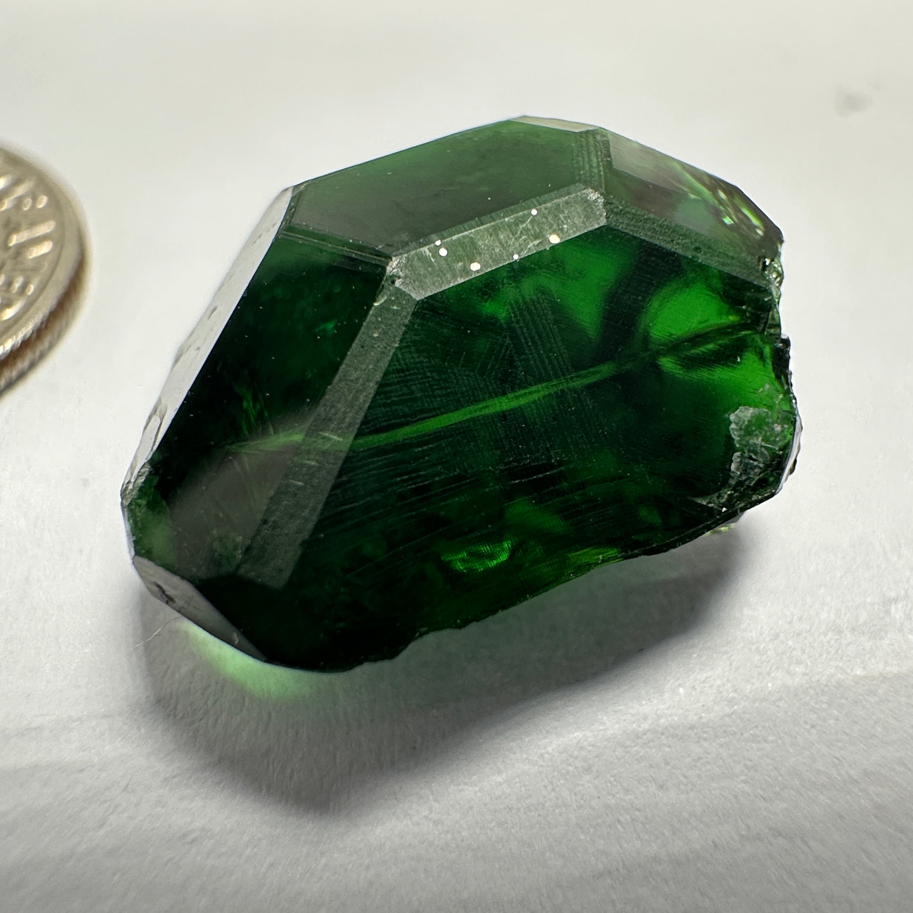 Chrome Tourmaline, 14.90ct, Tanzania, Untreated Unheated, VVS-IF with one spot, I have circled the spot in red on one of the pictures, stone is dark and shown in different lights and backgrounds, see all pictures.