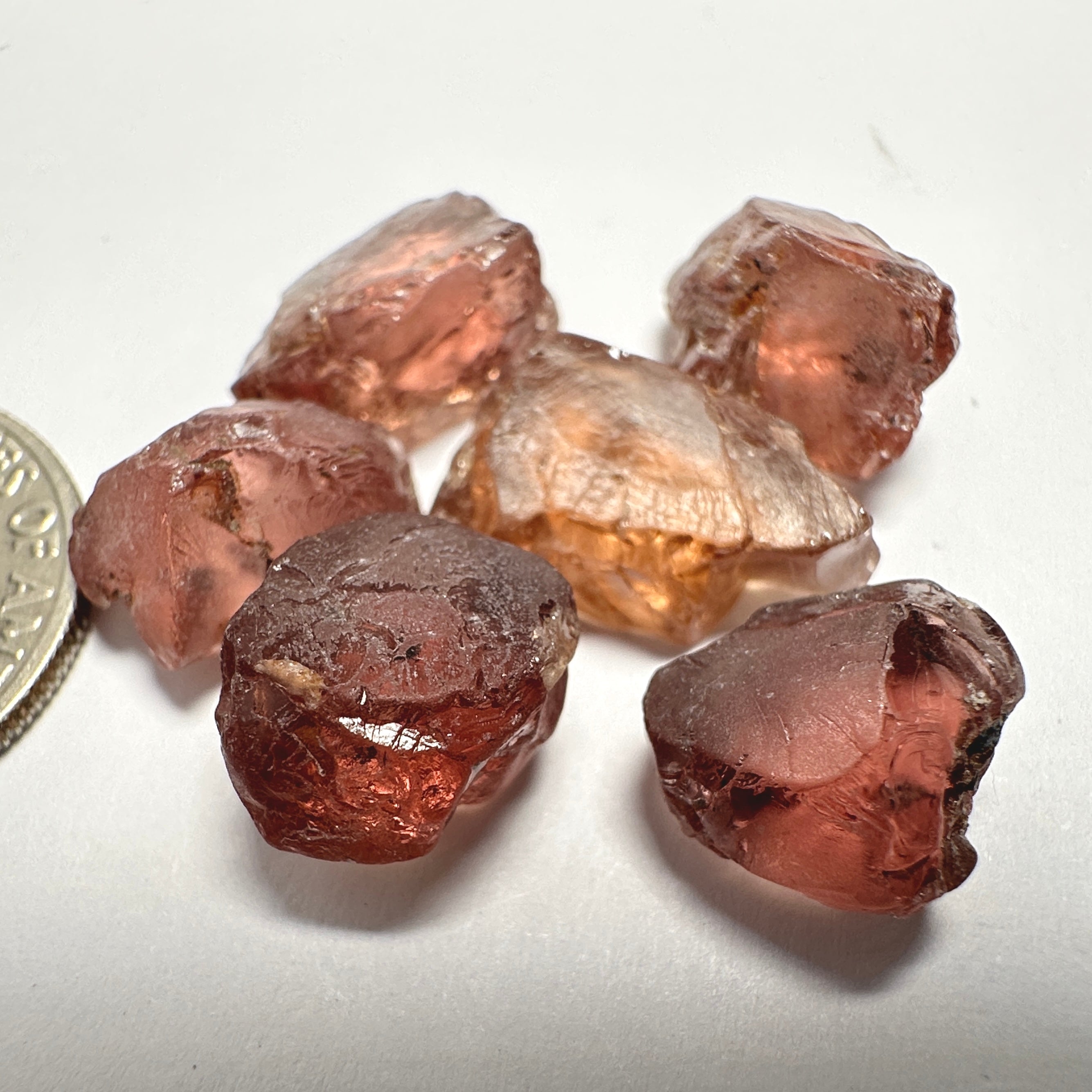 Peach Malaya Garnet Lot, 35.73ct, 6pcs lot, 5.99ct average. All stones have spots so if you don’t mind cutting with spots then this is for you. Unheated Untreated, Tanzania