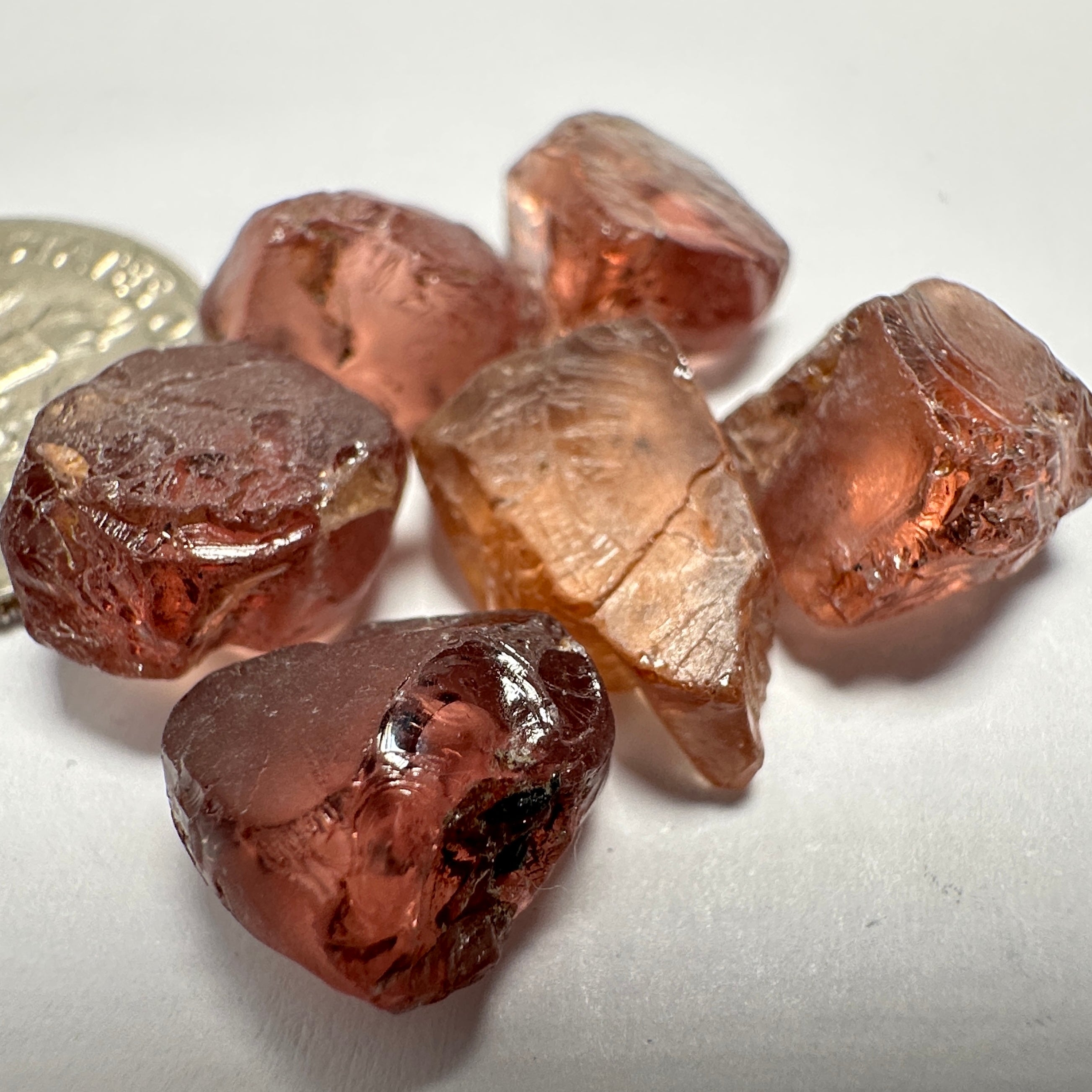 Peach Malaya Garnet Lot, 35.73ct, 6pcs lot, 5.99ct average. All stones have spots so if you don’t mind cutting with spots then this is for you. Unheated Untreated, Tanzania