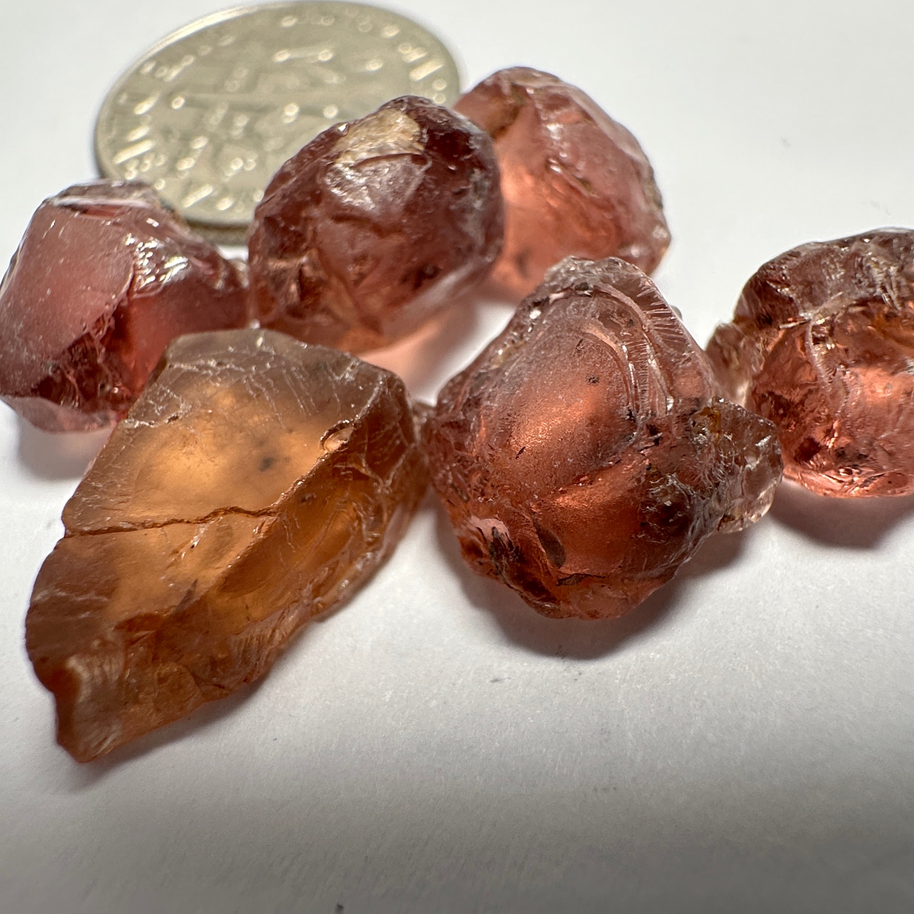 Peach Malaya Garnet Lot, 35.73ct, 6pcs lot, 5.99ct average. All stones have spots so if you don’t mind cutting with spots then this is for you. Unheated Untreated, Tanzania