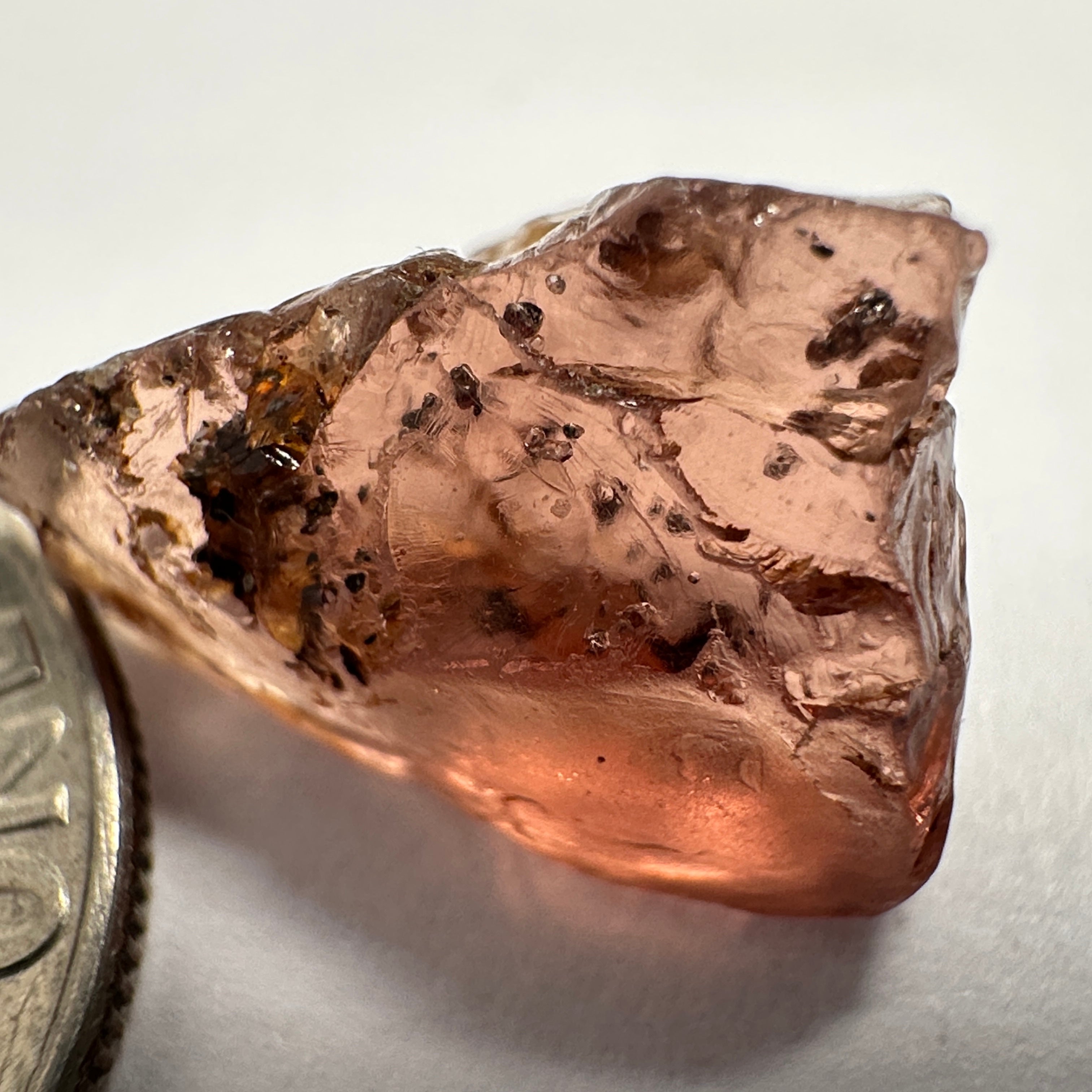 Peach Malaya Garnet, 8.75ct, spots throughout the stone, Unheated Untreated, Umba Valley Tanzania