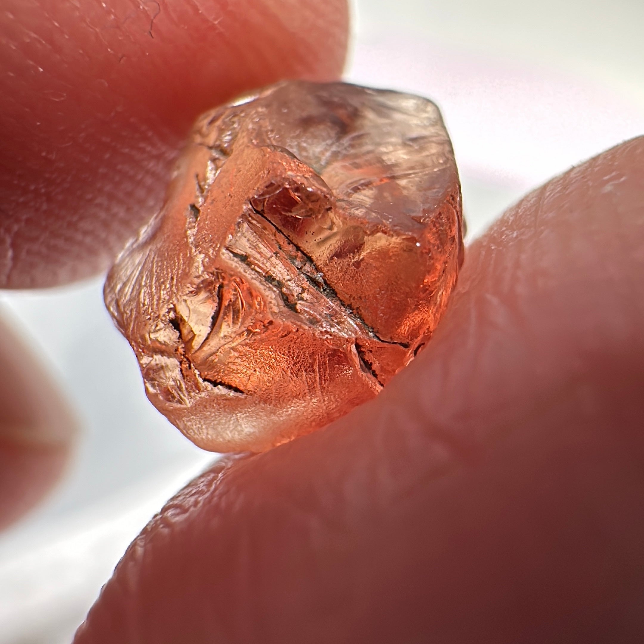 Peach Malaya Garnet, 5.97ct, vvs-if with slight crack on skin, challenging shape, Unheated Untreated, Umba Valley Tanzania