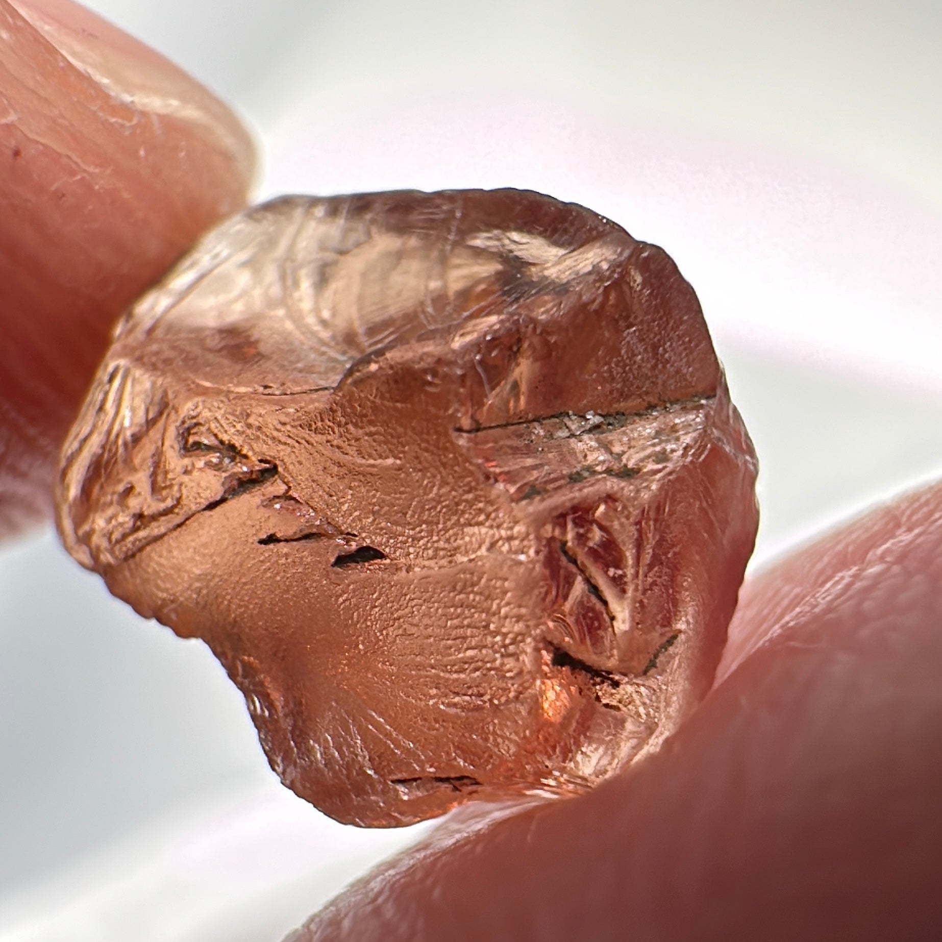 Peach Malaya Garnet, 5.97ct, vvs-if with slight crack on skin, challenging shape, Unheated Untreated, Umba Valley Tanzania