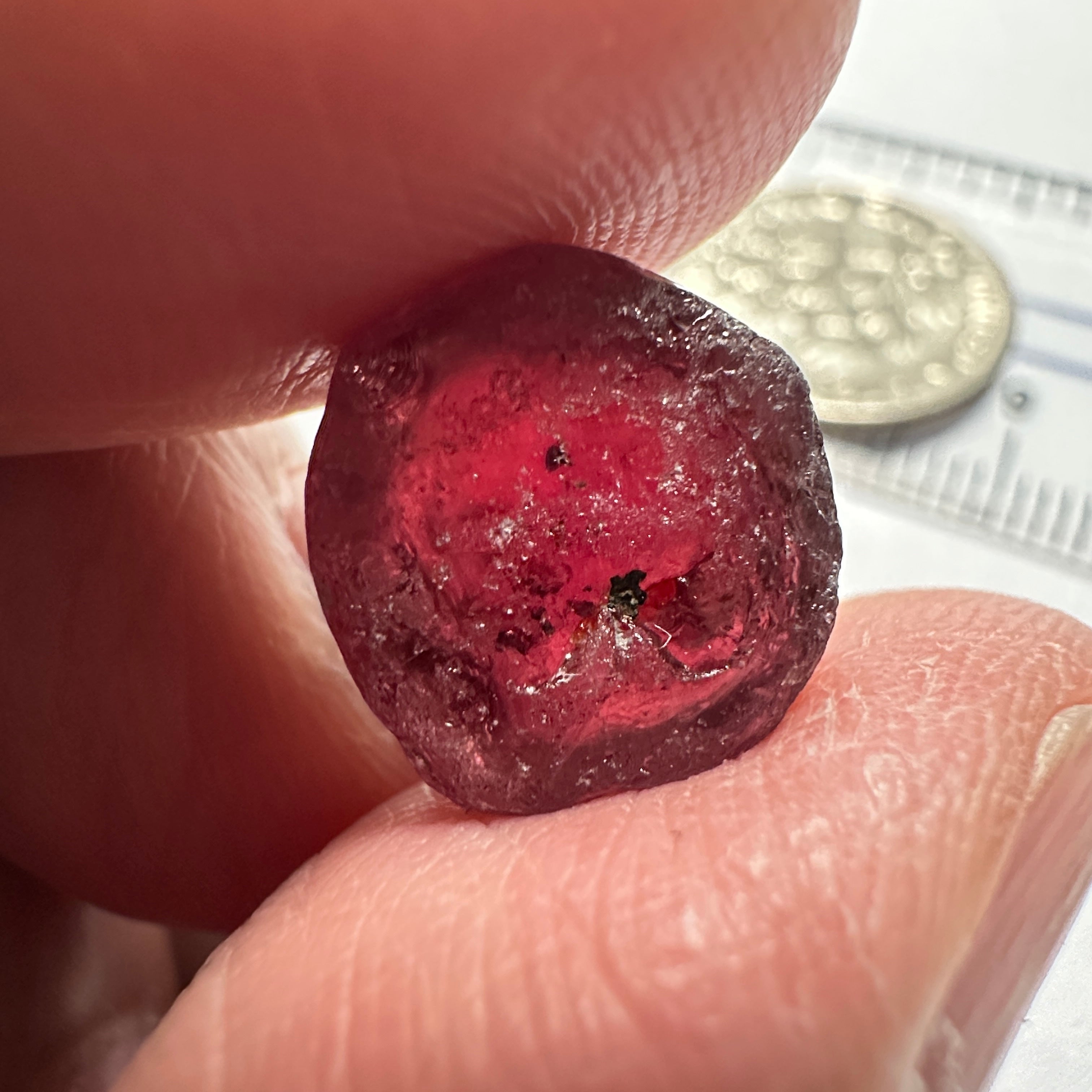 Garnet, 11.85ct, Tanzania, Untreated Unheated, darkish stone with a few black spots