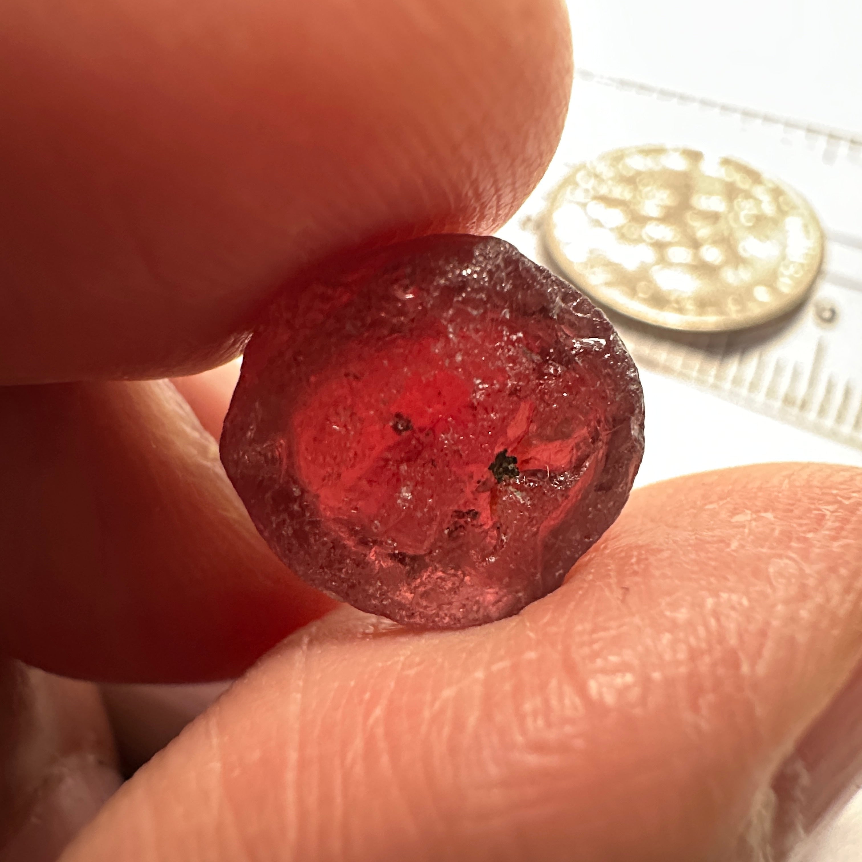 Garnet, 11.85ct, Tanzania, Untreated Unheated, darkish stone with a few black spots