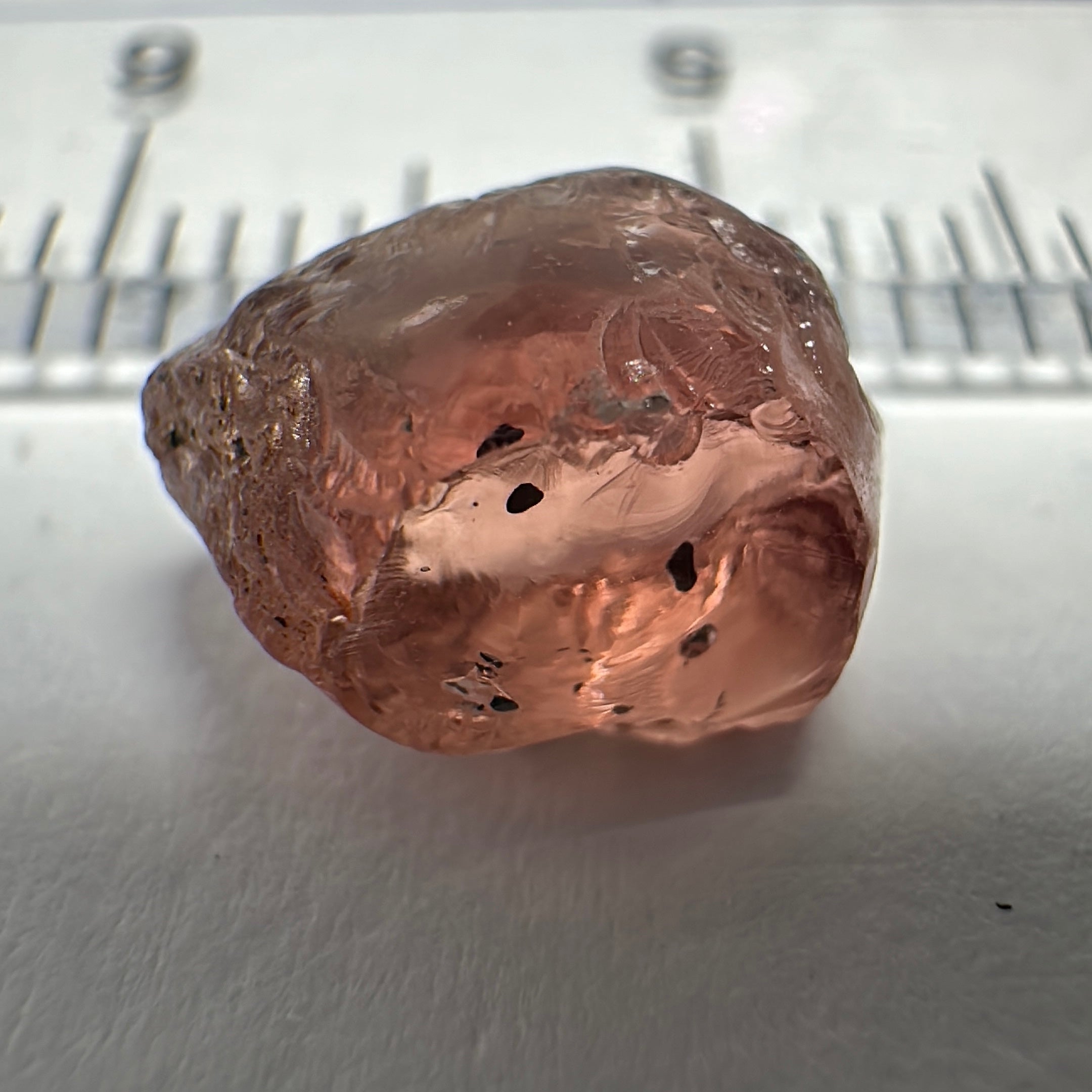 Peach Malaya Garnet, 4.26ct, some spots on the outside, will come off on preform, see super enlarged photos, rest vvs-if, Unheated Untreated, Umba Valley Tanzania