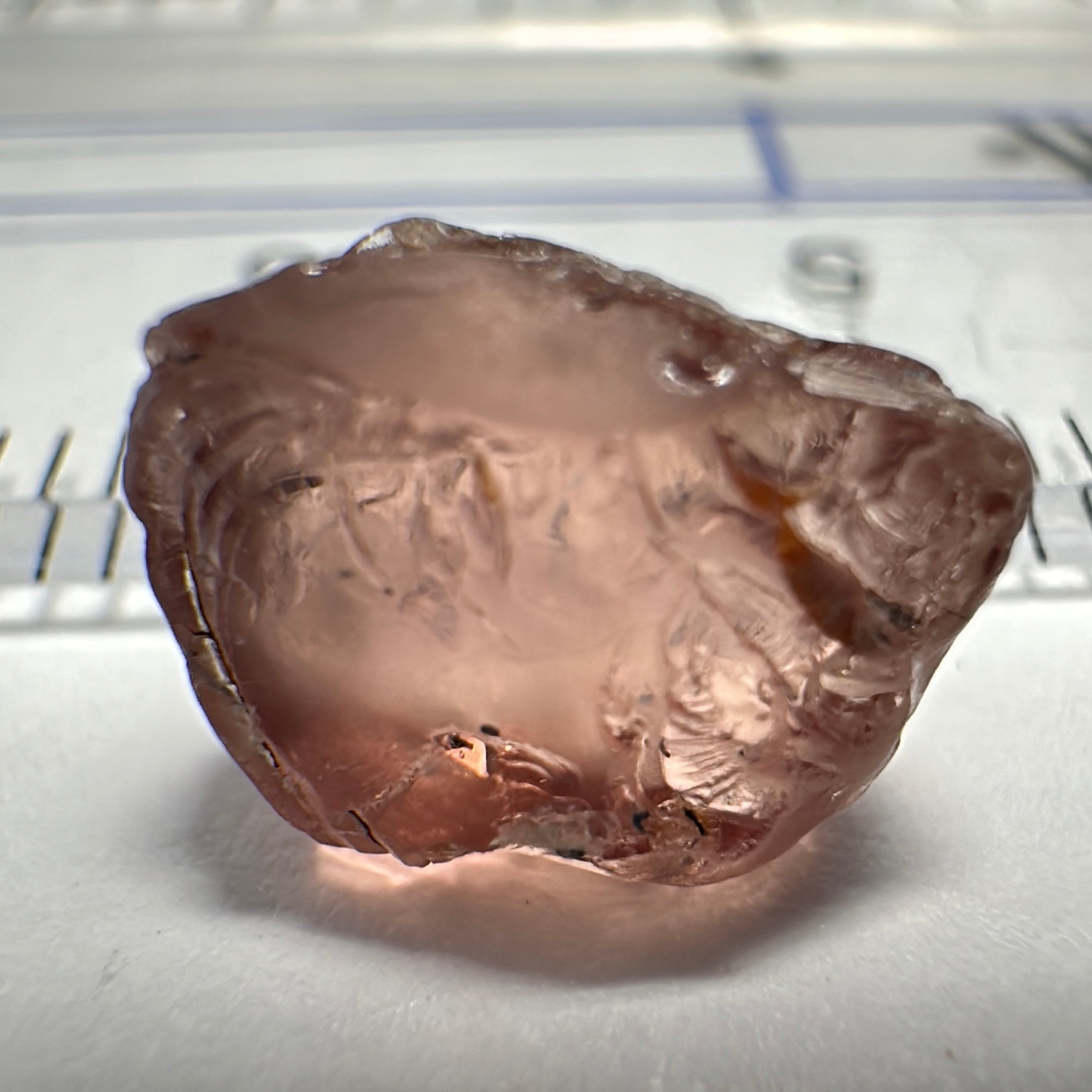 Peach Malaya Garnet, 4.26ct, some spots on the outside, will come off on preform, see super enlarged photos, rest vvs-if, Unheated Untreated, Umba Valley Tanzania