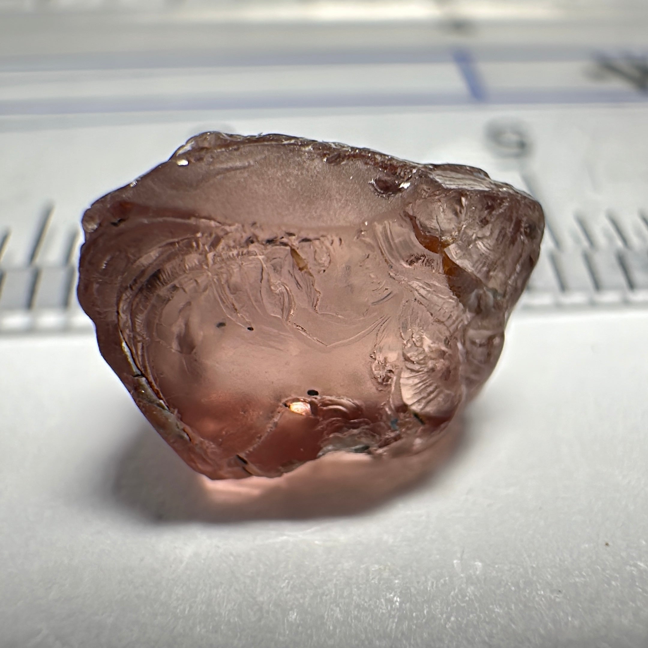 Peach Malaya Garnet, 4.26ct, some spots on the outside, will come off on preform, see super enlarged photos, rest vvs-if, Unheated Untreated, Umba Valley Tanzania